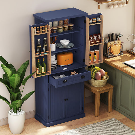 CBJCBJ 72" Wood Pantry Cabinet, 4 Adjustable Shelves and Central Drawer with Storage , Freestanding Kitchen Organizer for Dining Room,Blue