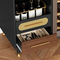 HLR Modern Coffee Bar Cabinet with Space for Mini Fridge and Rattan Drawer, Black