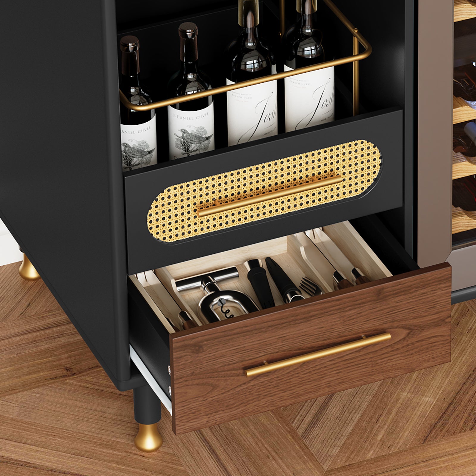 HLR Modern Coffee Bar Cabinet with Space for Mini Fridge and Rattan Drawer, Black