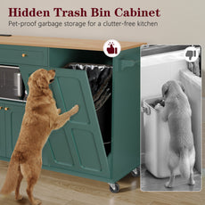 CBJCBJ Folding Rubber wood Kitchen Island, Kitchen Cart with Hidden Trash Can, Knife Rack & Spice Rack,Green