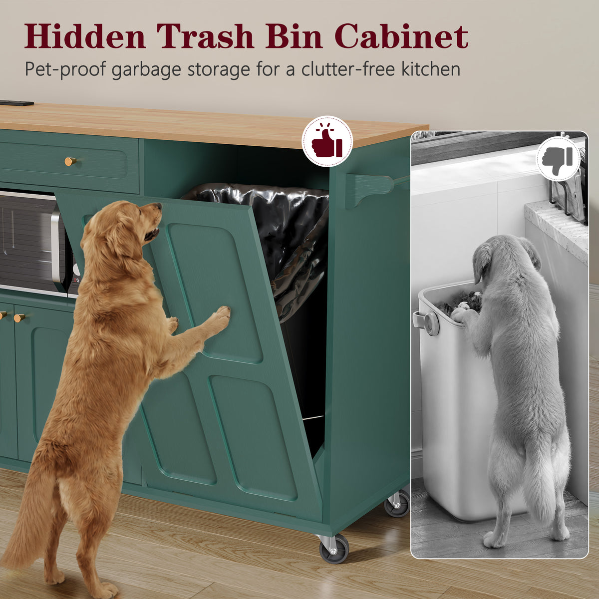 CBJCBJ Folding Rubber wood Kitchen Island, Kitchen Cart with Hidden Trash Can, Knife Rack & Spice Rack,Green