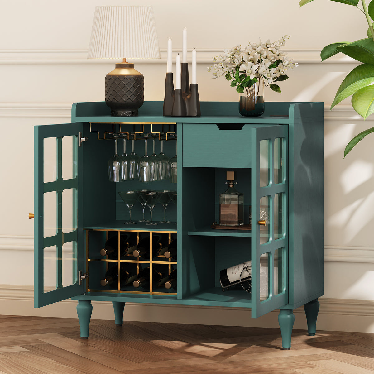 HLR Large Sideboard Buffet Cabinet with Storage, 32" Mid-Century Green Coffee Wine Bar with 2 Glass Doors, Outlets