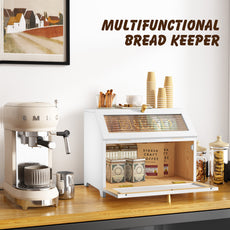 HLR Large Bread Box, Wood 2-layer Bread Box Storage for Kitchen Counter, with Bar Pattern Windows, White