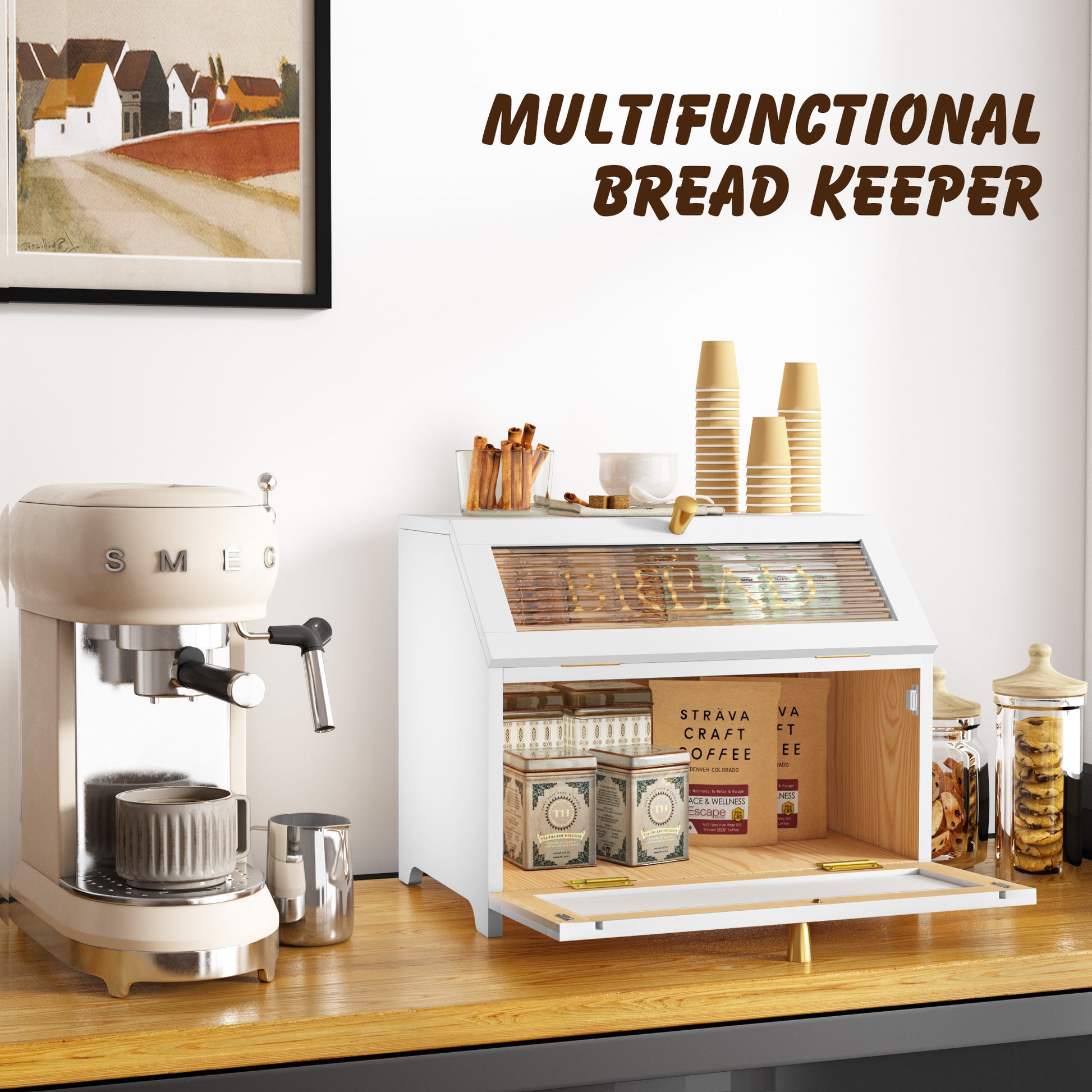 HLR Large Bread Box, Wood 2-layer Bread Box Storage for Kitchen Counter, with Bar Pattern Windows, White
