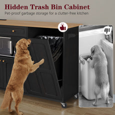 CBJCBJ Folding Rubber wood Kitchen Island, Kitchen Cart with Hidden Trash Can, Knife Rack & Spice Rack,Black