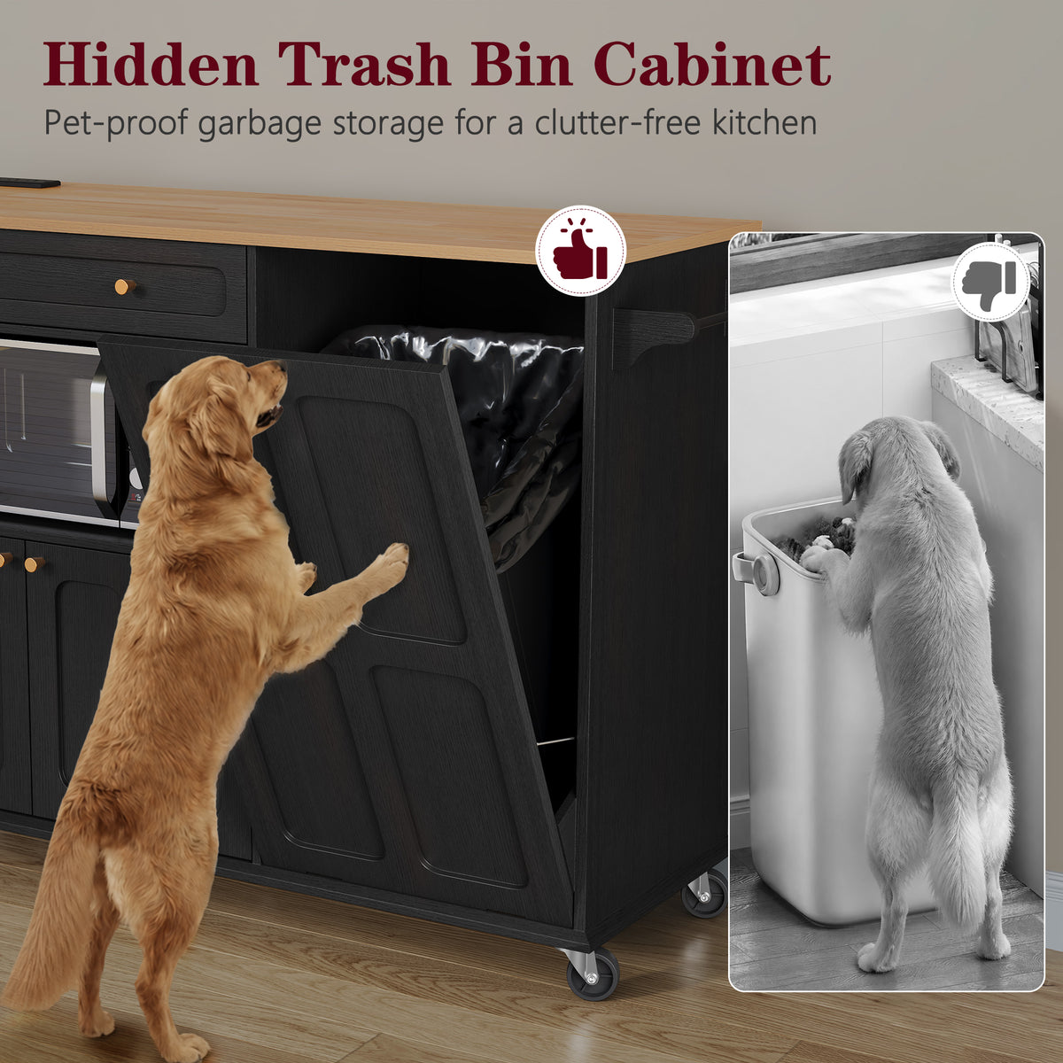 CBJCBJ Folding Rubber wood Kitchen Island, Kitchen Cart with Hidden Trash Can, Knife Rack & Spice Rack,Black