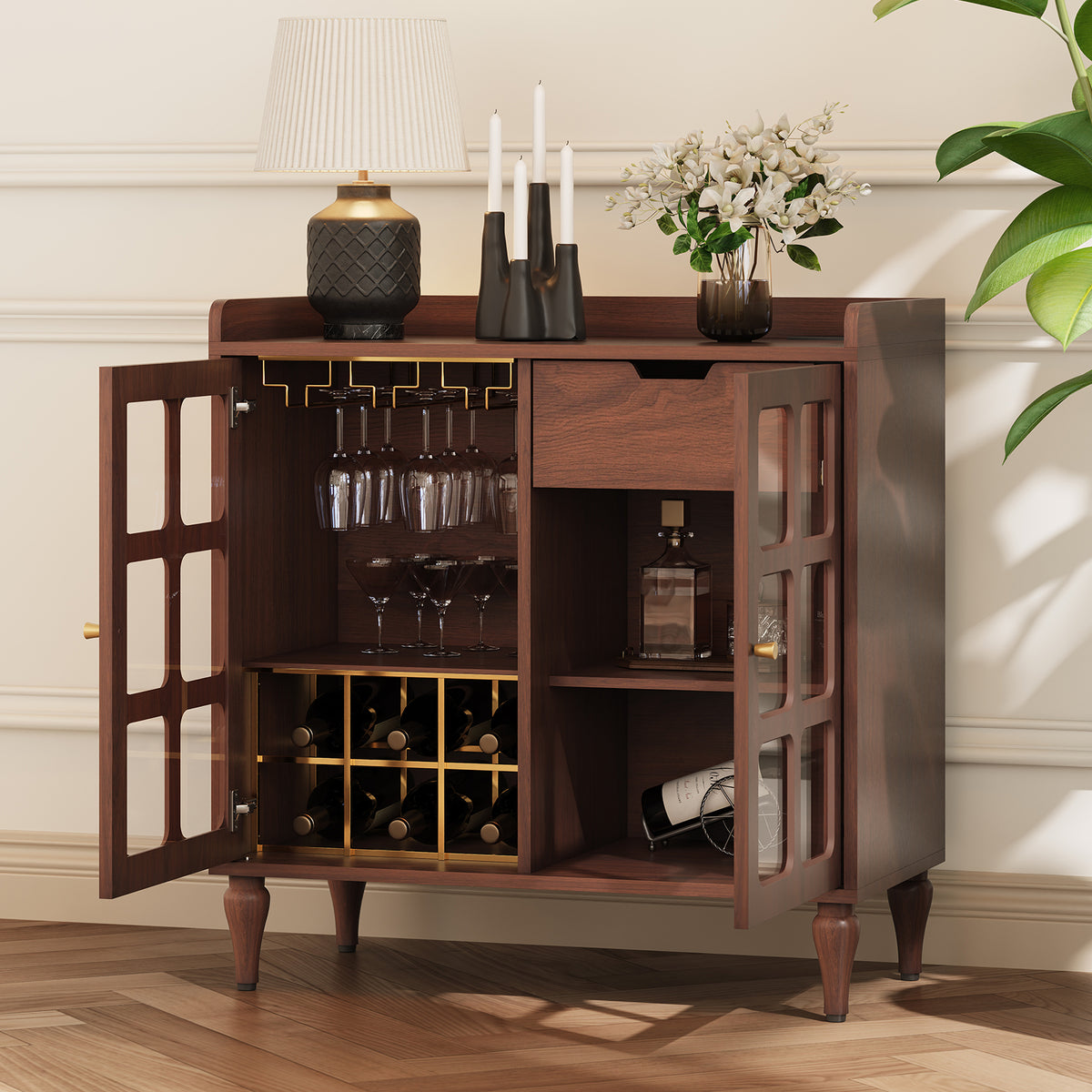 HLR Large Sideboard Buffet Cabinet with Storage, 32" Mid-Century Brown Coffee Wine Bar with 2 Glass Doors, Outlets
