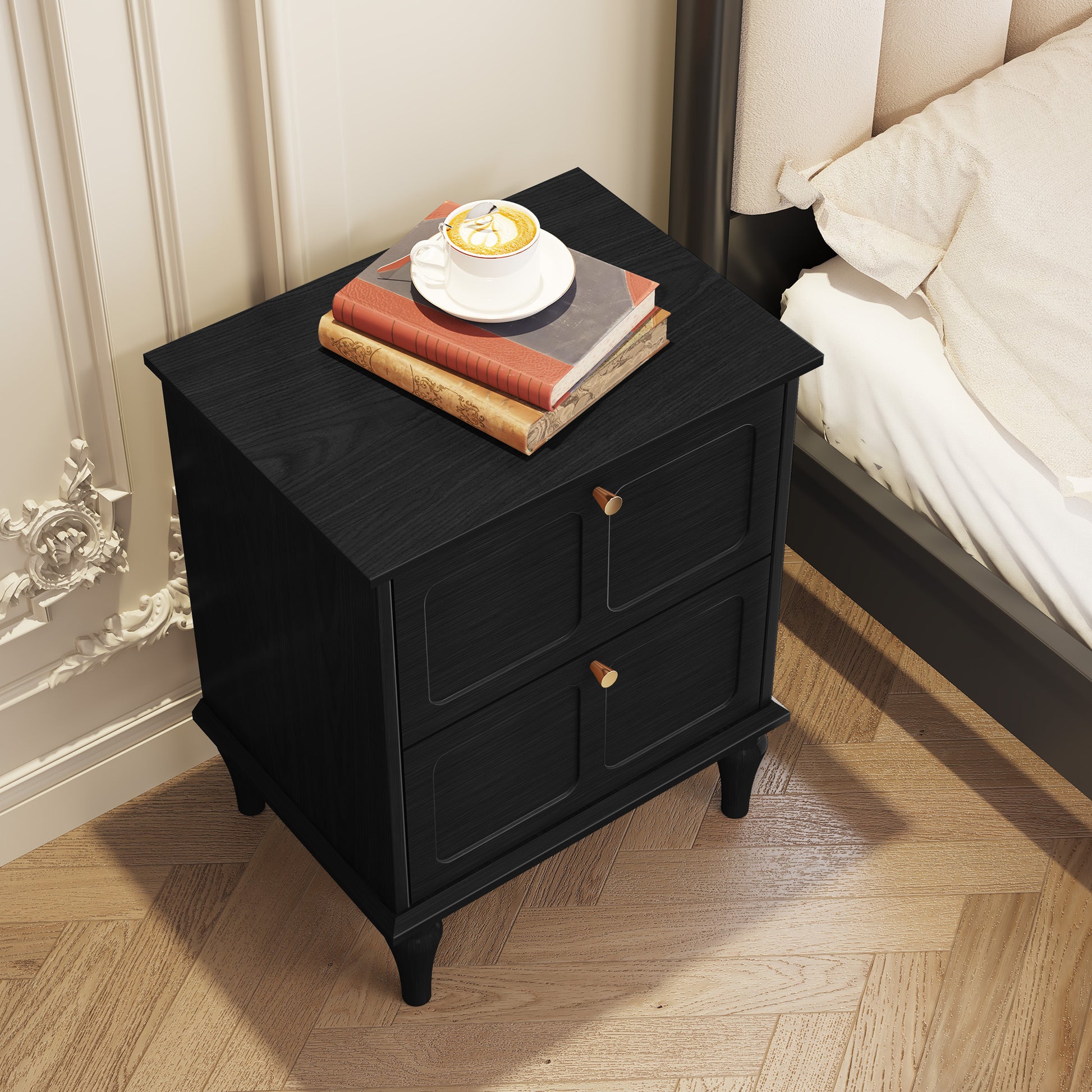 HLR 20" Mid Century Nightstands Set of 2 with Drawers, Wood Bedside Table End Table for Bedroom, Black