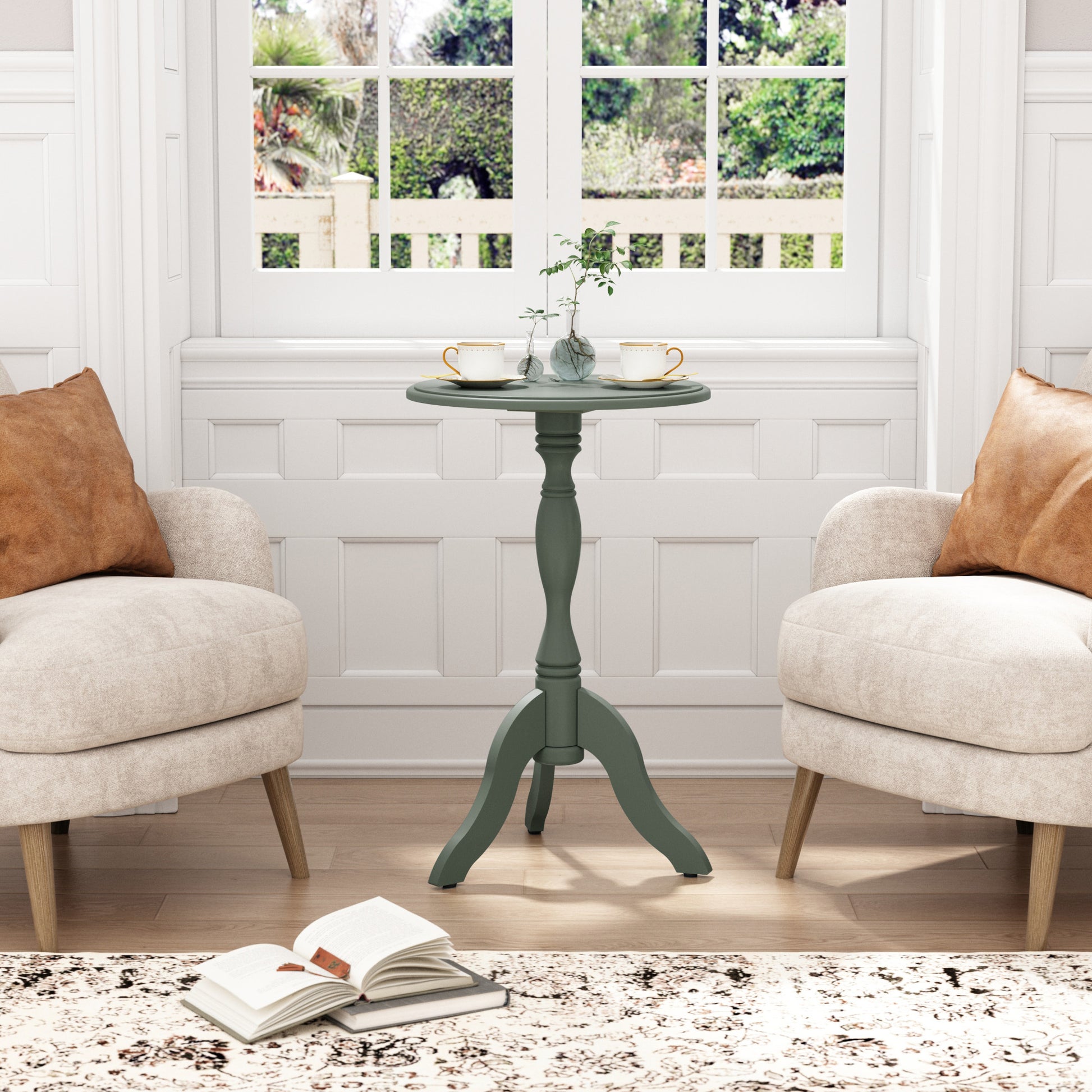 HLR Round Small End Table, Wooden Pedestal Side Coffee Table, Vintage Accent Nightstand for Living Room, Entryway, Green