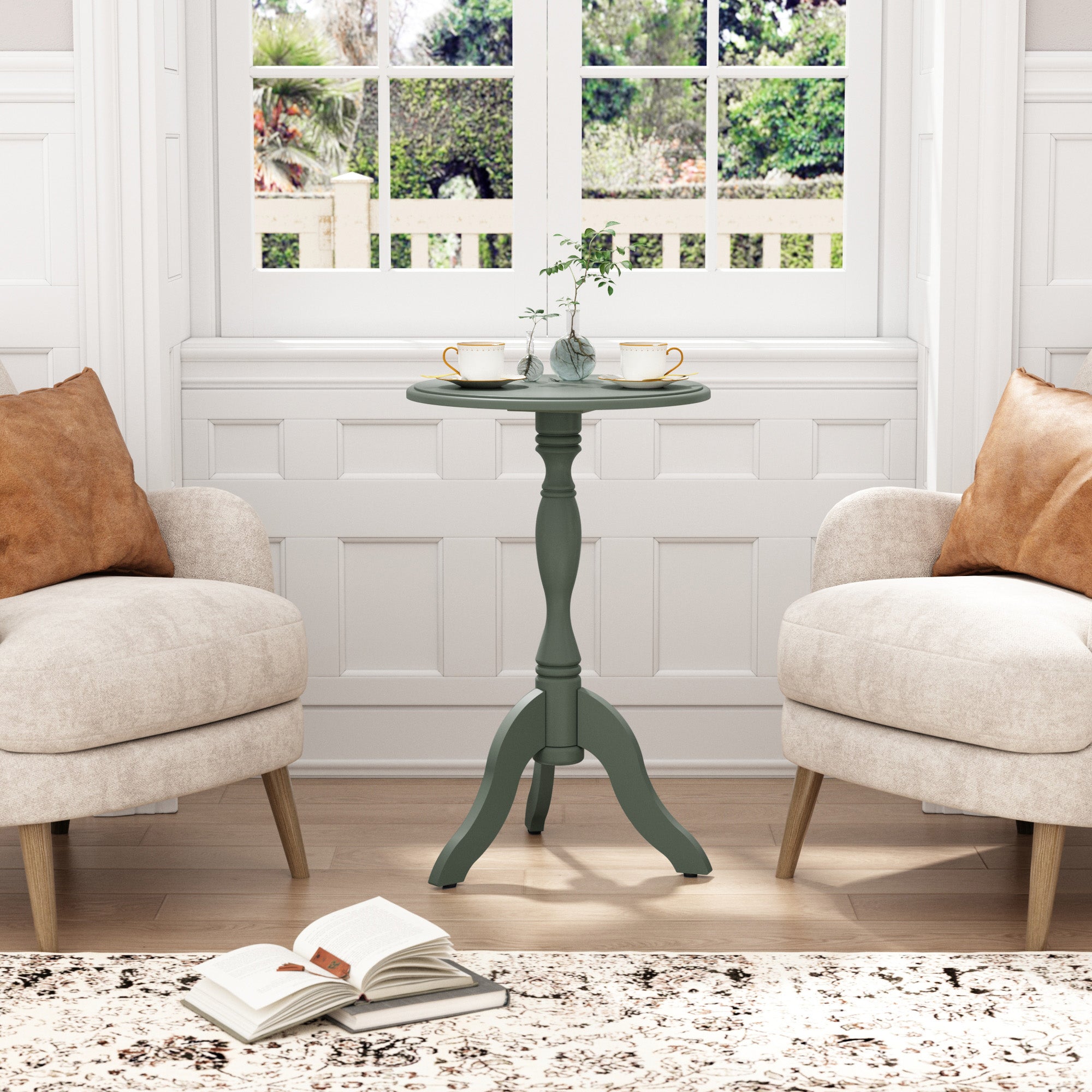 HLR Round Small End Table, Wooden Pedestal Side Coffee Table, Vintage Accent Nightstand for Living Room, Entryway, Green