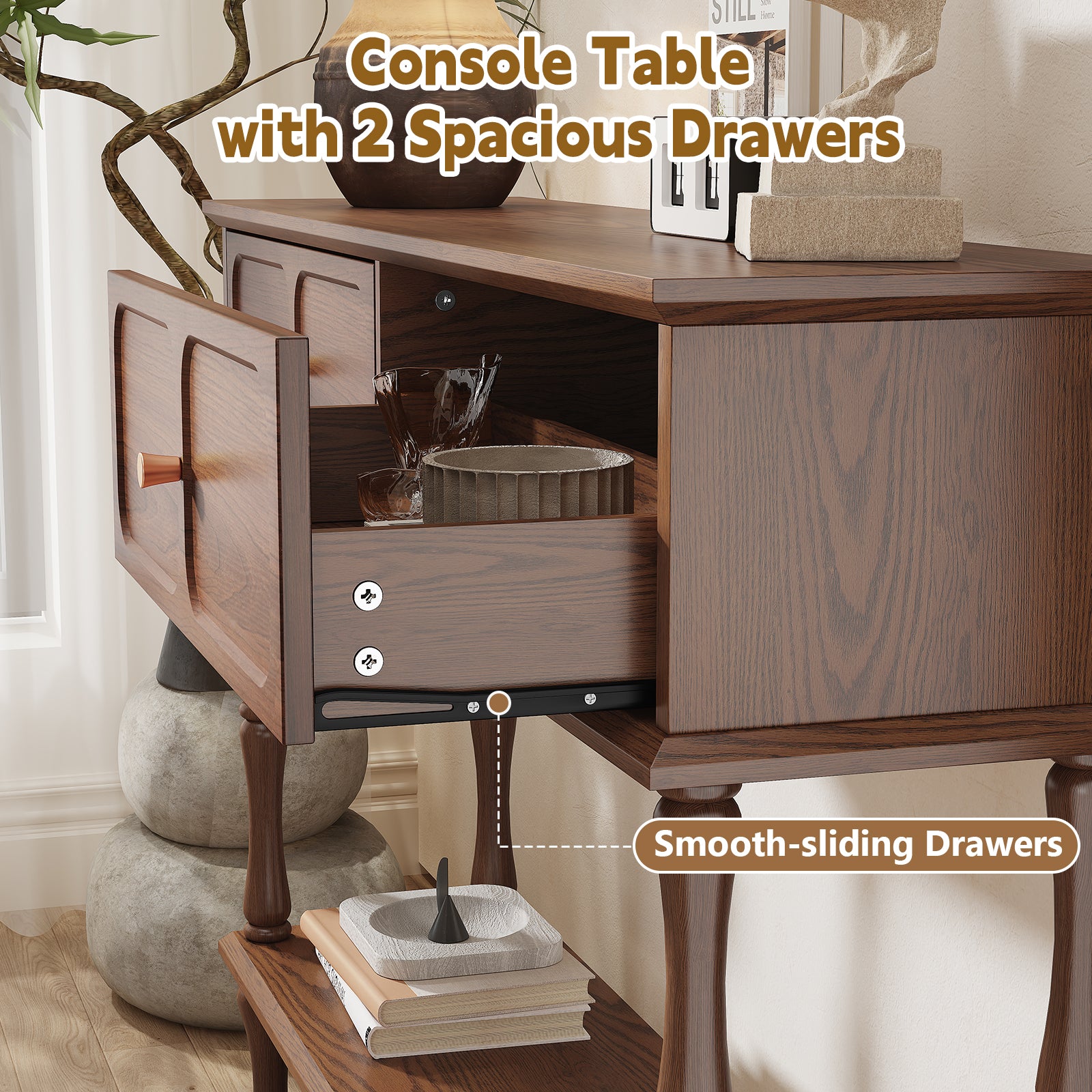 CBJCBJ 47" Mid-Century Console Tables, Entryway Table with Storage for Living Room, Hallway, Brown