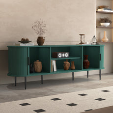 HLR 70" TV Stand for 75" TV, Wood Entertainment Center with Storage and Shelves, 2 Sliding Tambour Doors, Mid-Century Modern, Green