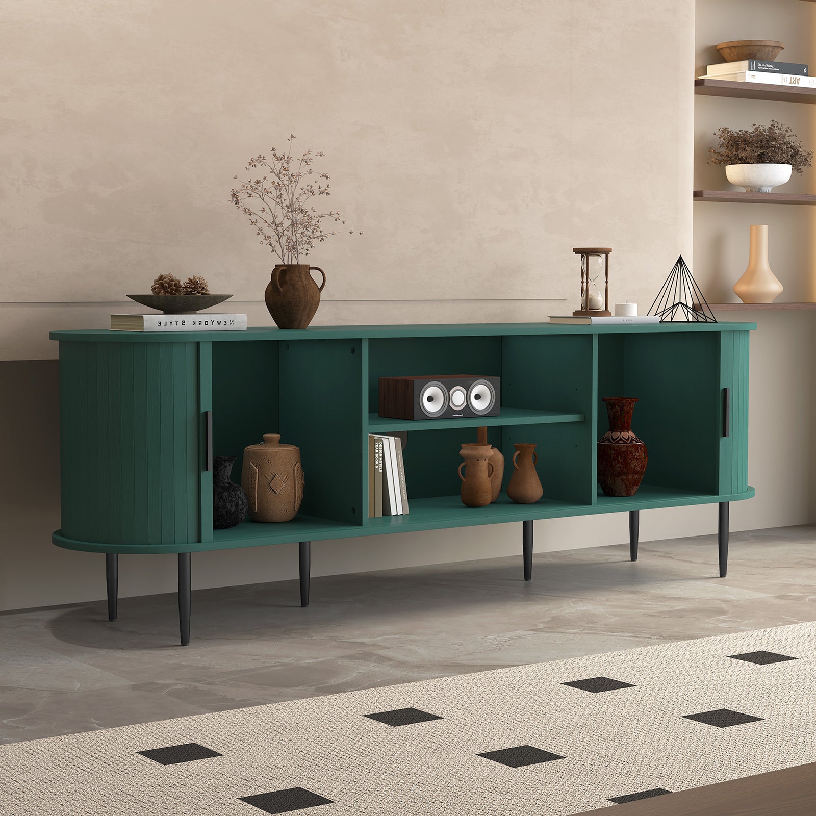 HLR 70" TV Stand for 75" TV, Wood Entertainment Center with Storage and Shelves, 2 Sliding Tambour Doors, Mid-Century Modern, Green