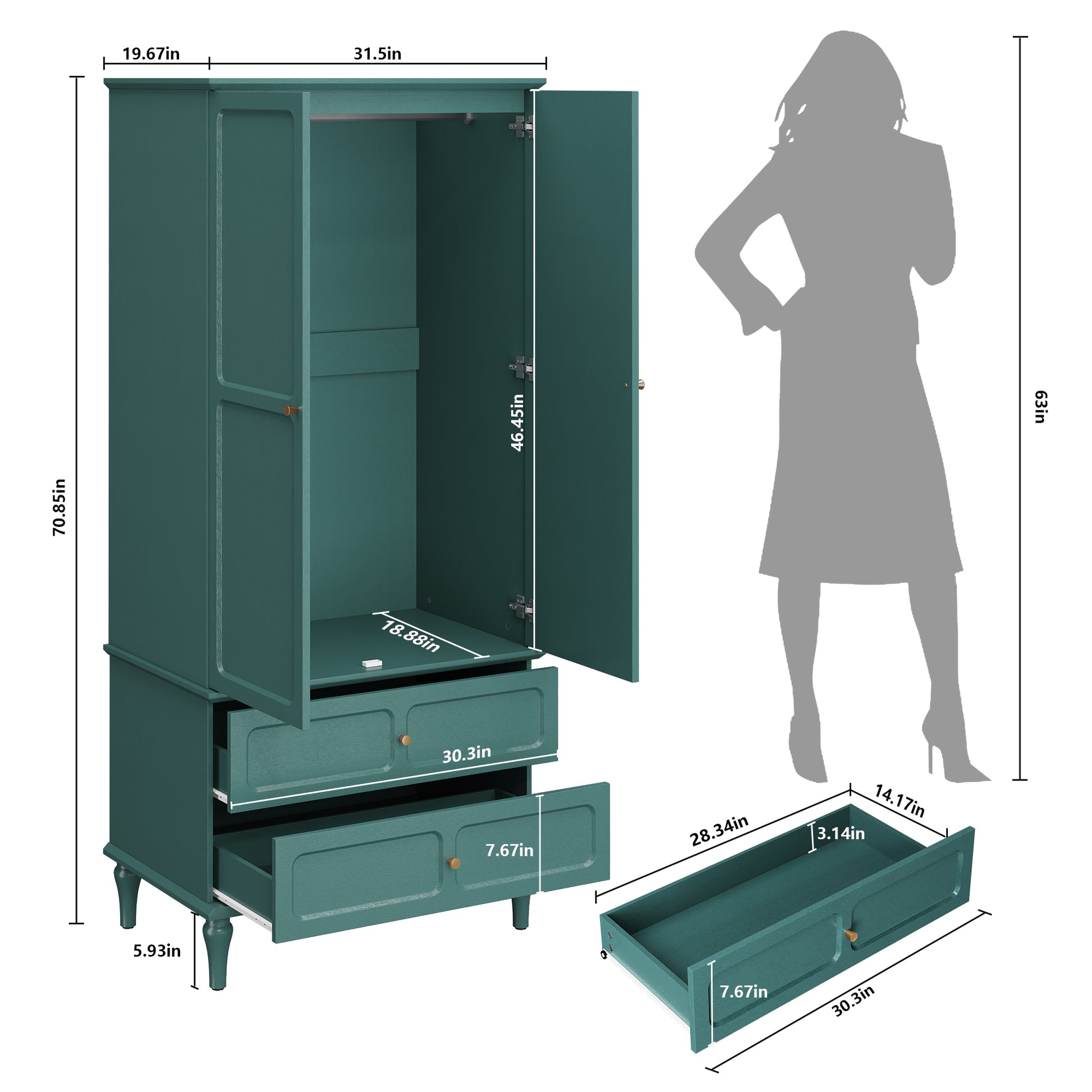 HLR 71" Tall Modern Wood Armoire Wardrobe Closet, Freestanding Cabinet with Hanging Rod for Bedroom, Green