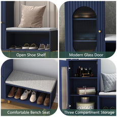 CBJCBJ Modern Storage Bench with Glass Door & Shelf - L-Shaped Entryway Cabinet, Padded Seat for Hallway/Bedroom/Office