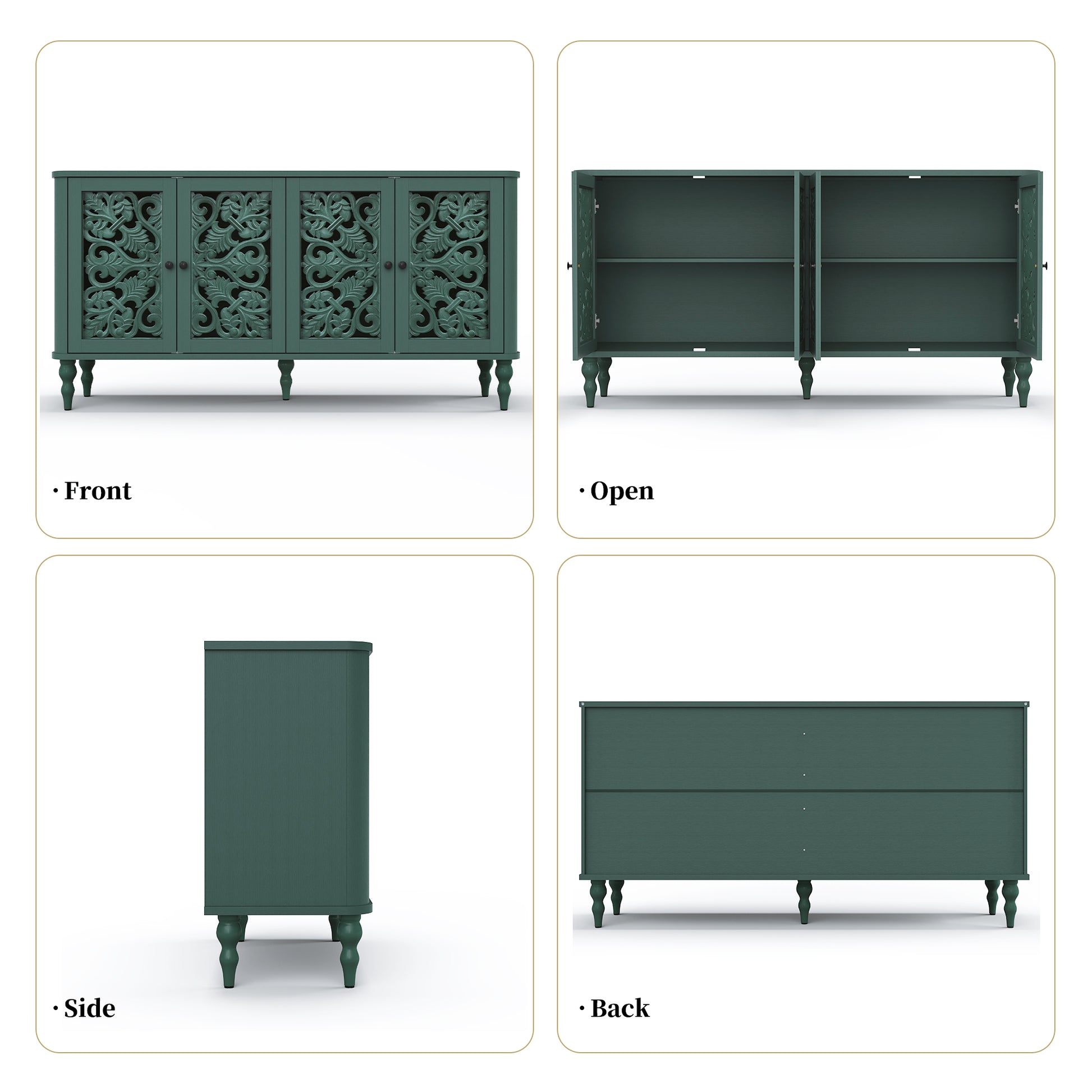 HLR 63" Mid Century Rounded Corners Sideboards Buffets Cabinet with 4 Doors Storage for Kitchen Dining, Green