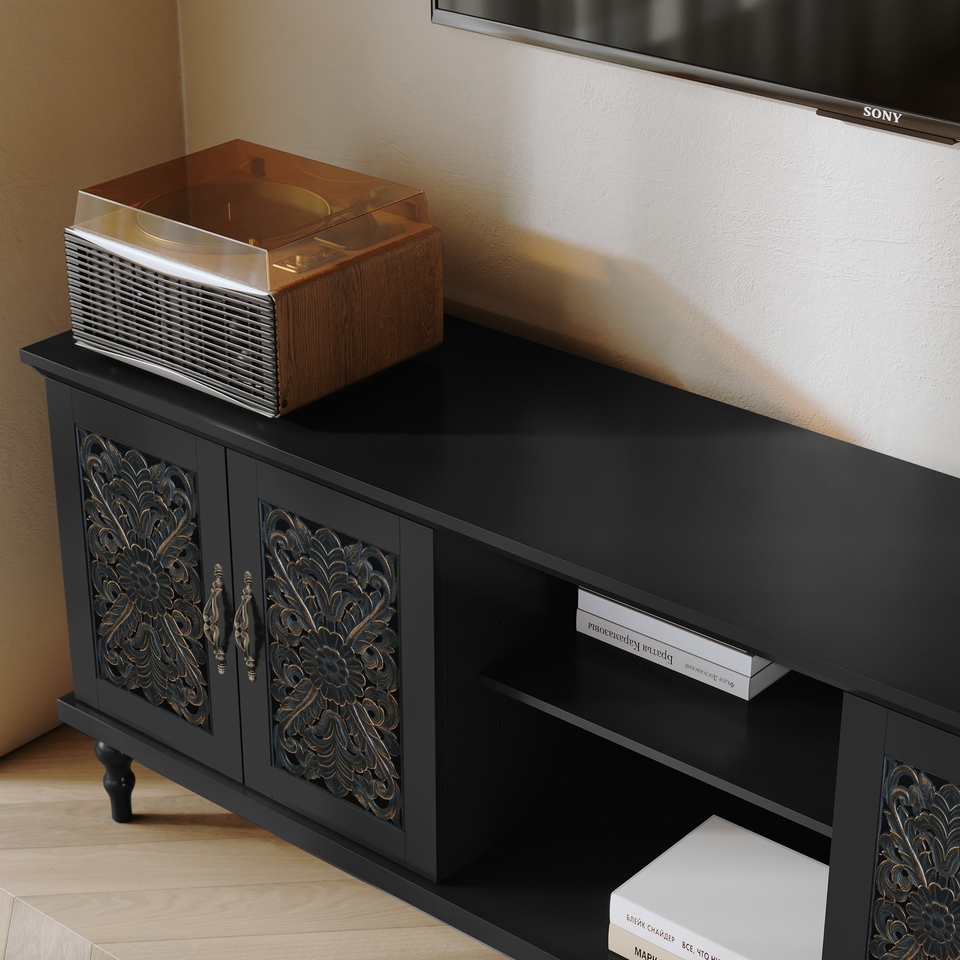 HLR Retro 67" TV Stand, for TVs up to 75", Living Room Entertainment Center with Carved Storage Cabinet, Black