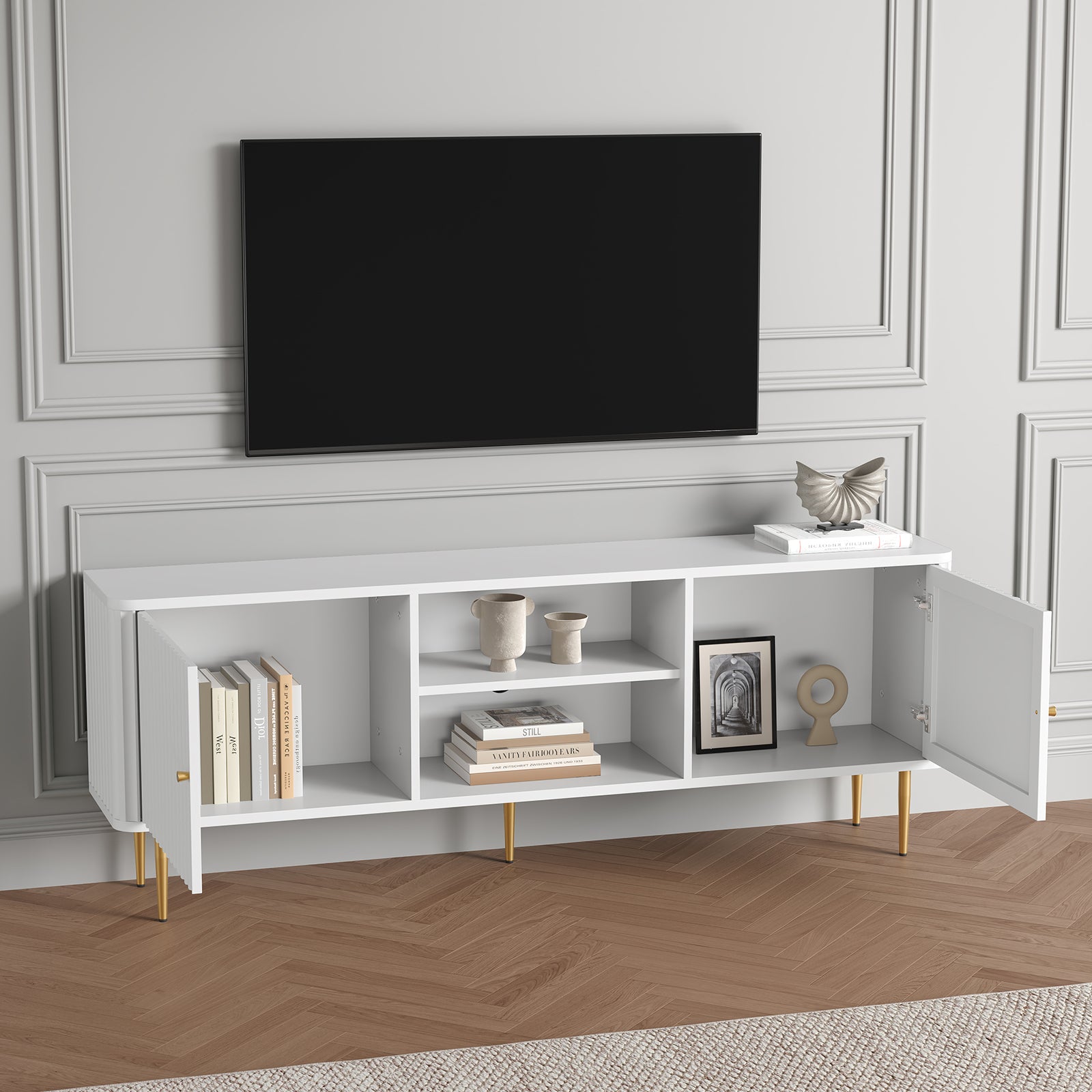 CBJCBJ Modern Fluted 67" TV Stand for 75inch TV with Storage, Entertainment Center for Living Room,White