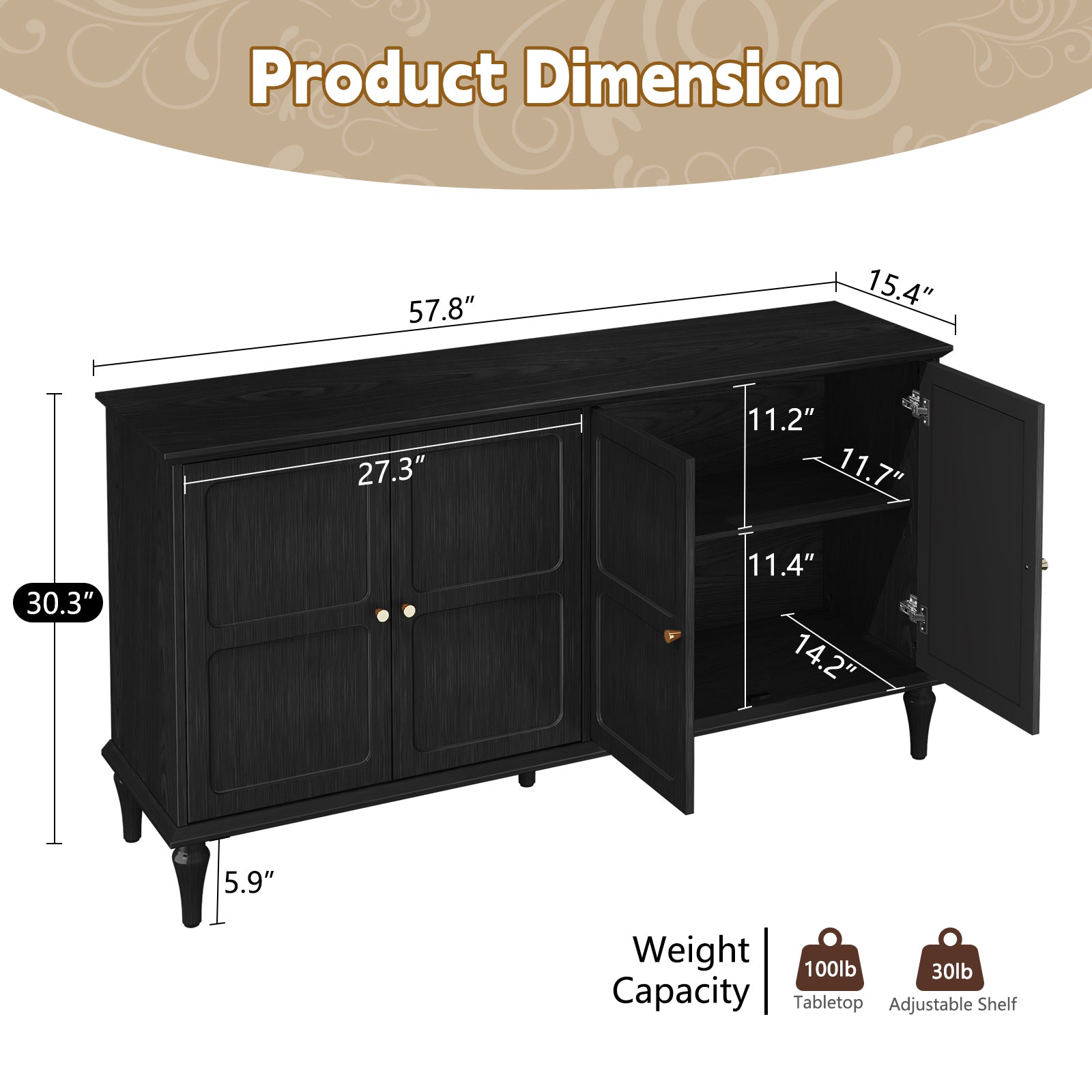 HLR Mid Century 58" Wood 4 Door Sideboard Buffet Cabinet with Storage for Living Dining (Black)