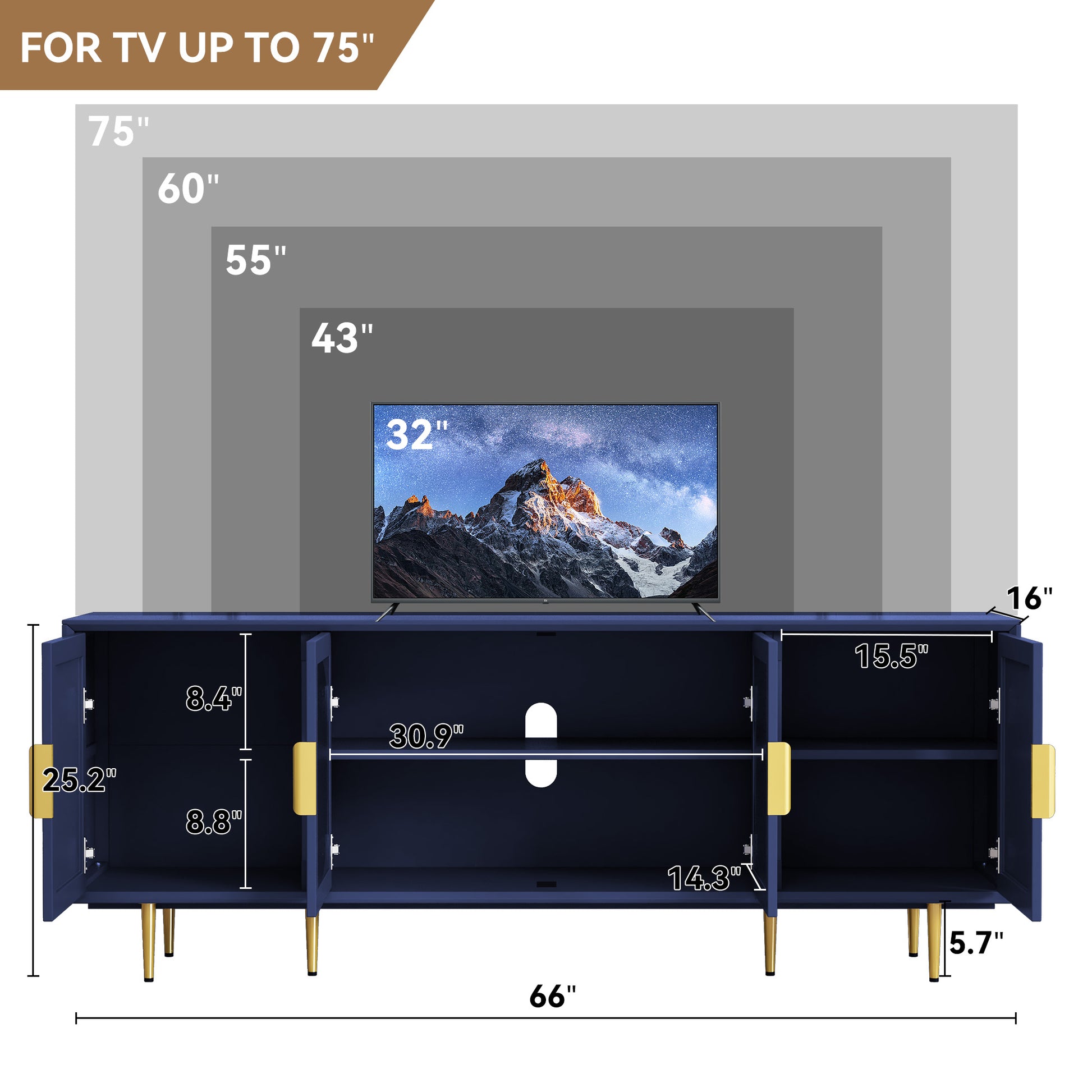 CBJCBJ 66" TV up to 75" Stand for Living Room, Entertainment Center with Glass Storage Cabinet
