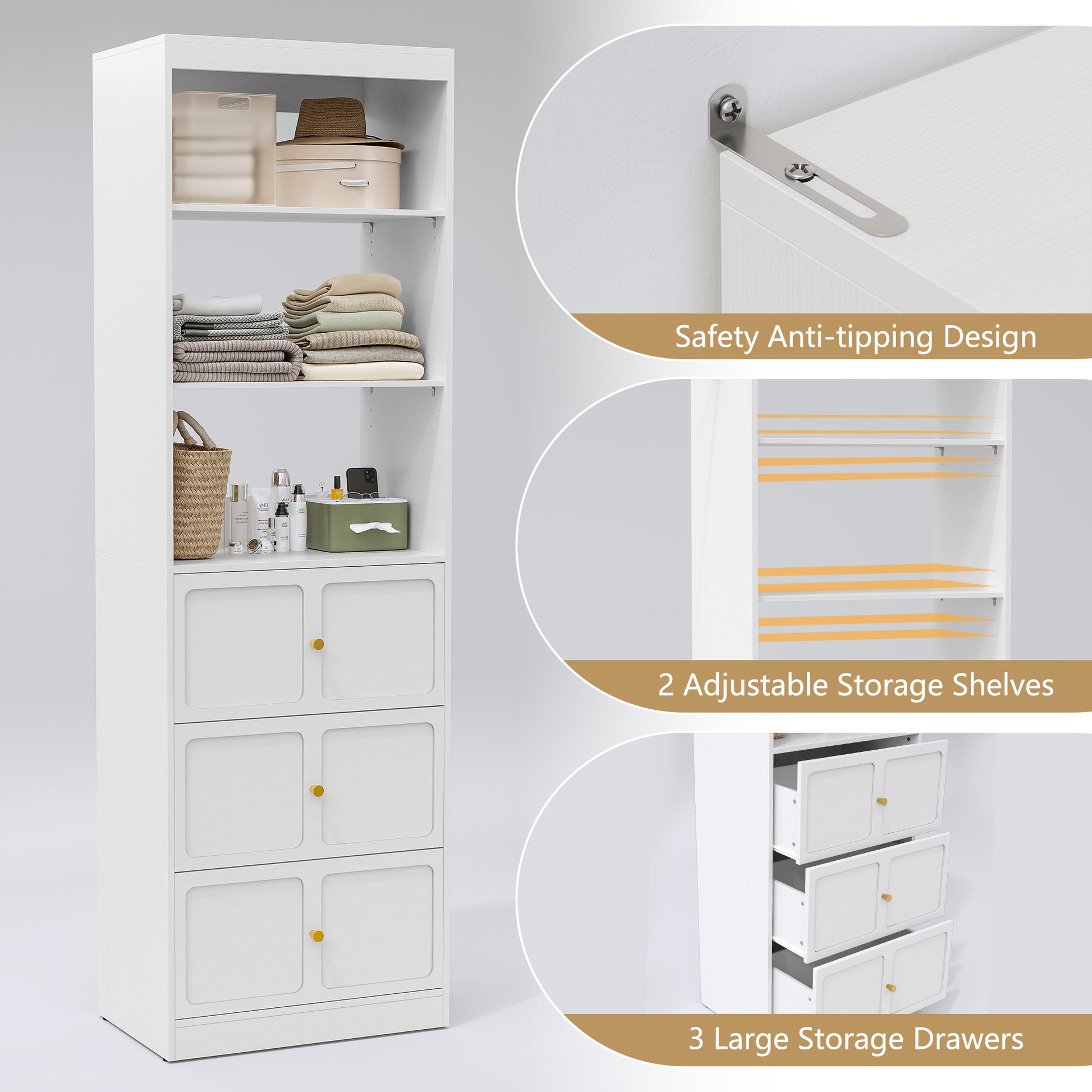 HLR Open Wardrobe Closet System with Adjustable Hanging Rods, Storage Cabinet with Drawers and Shelves, White