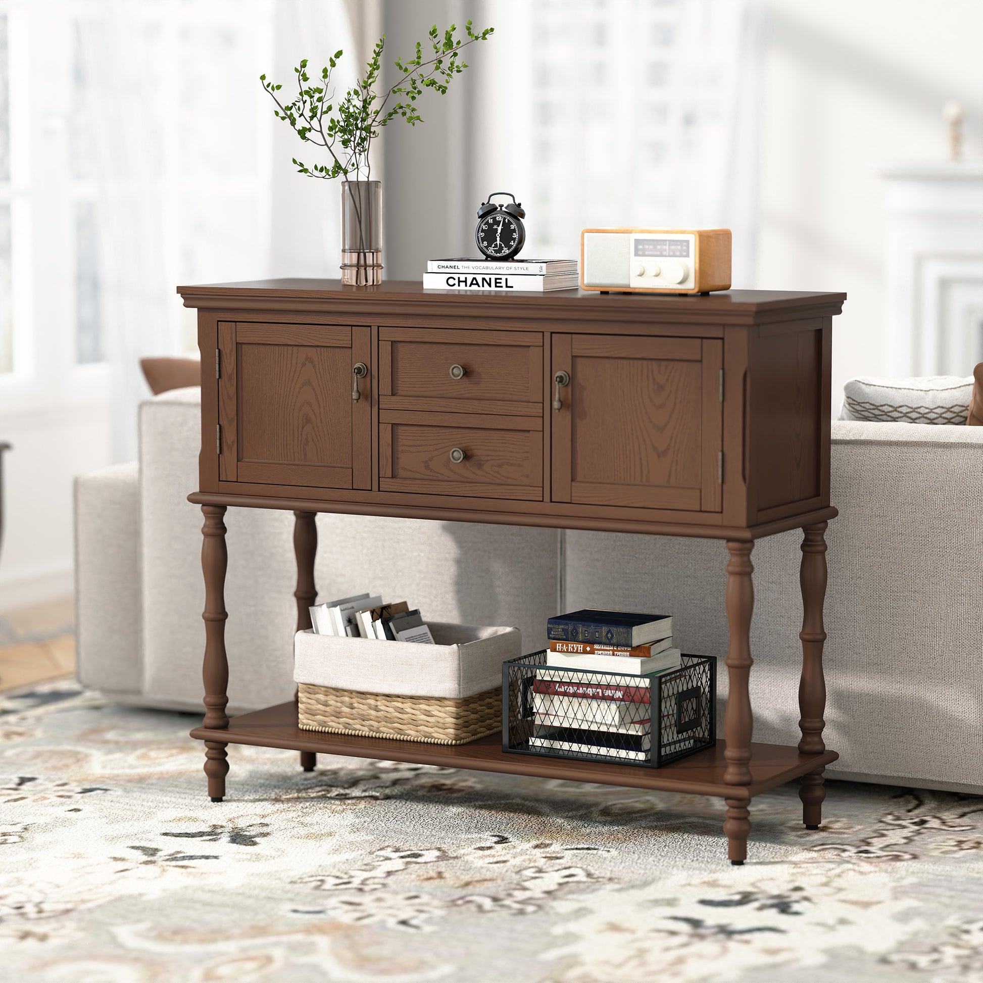 CBJCBJ 42'' Farmhouse Console Table , 2 Drawer Narrow Long Entryway Table with Open Storage Shelf , for Living Room,Brown