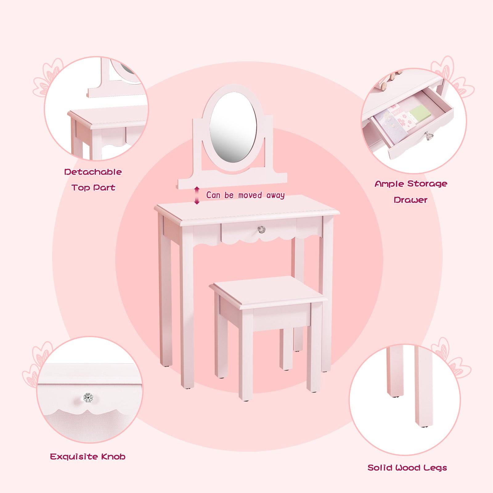CBJCBJ Kids Vanity Set with Mirror and Stool（Detachable Top）, Wooden 2 in 1 Princess Makeup Desk Dressing Table