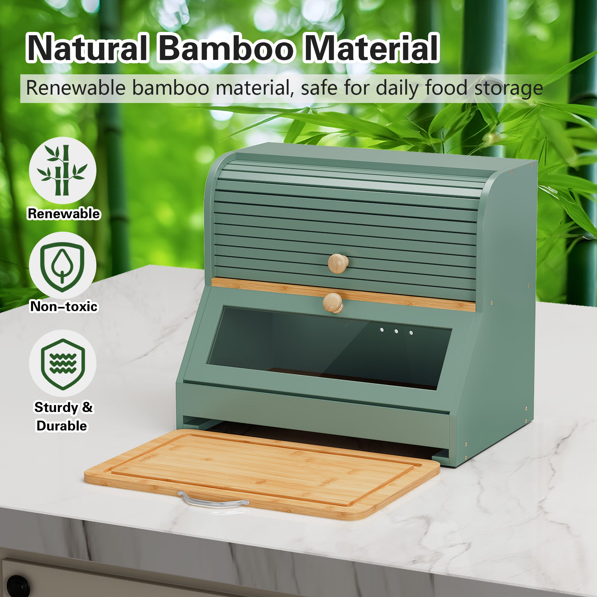CBJCBJ Natural Bamboo Bread Box with Cutting Board and Roll Top, 2-Tier Large Wood Bread Bin for Kitchen,Green