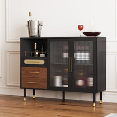 CBJCBJ 47” Coffee Bar Cabinet with Glass Rack, Modern Wine Bar Cabinet with Storage, for Dining Room, Black