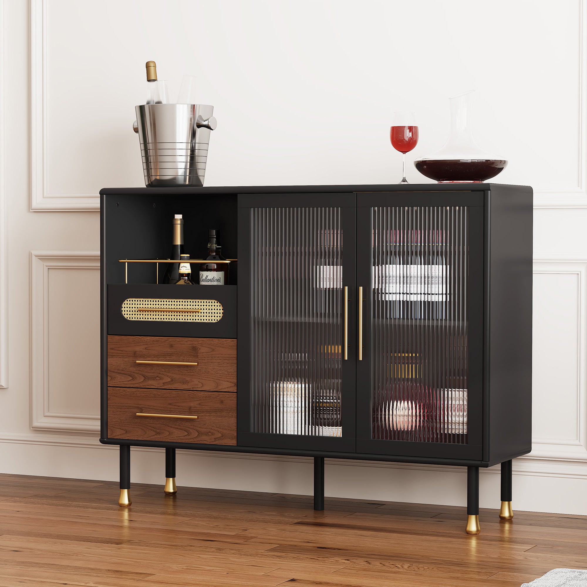 CBJCBJ 47” Coffee Bar Cabinet with Glass Rack, Modern Wine Bar Cabinet with Storage, for Dining Room, Black