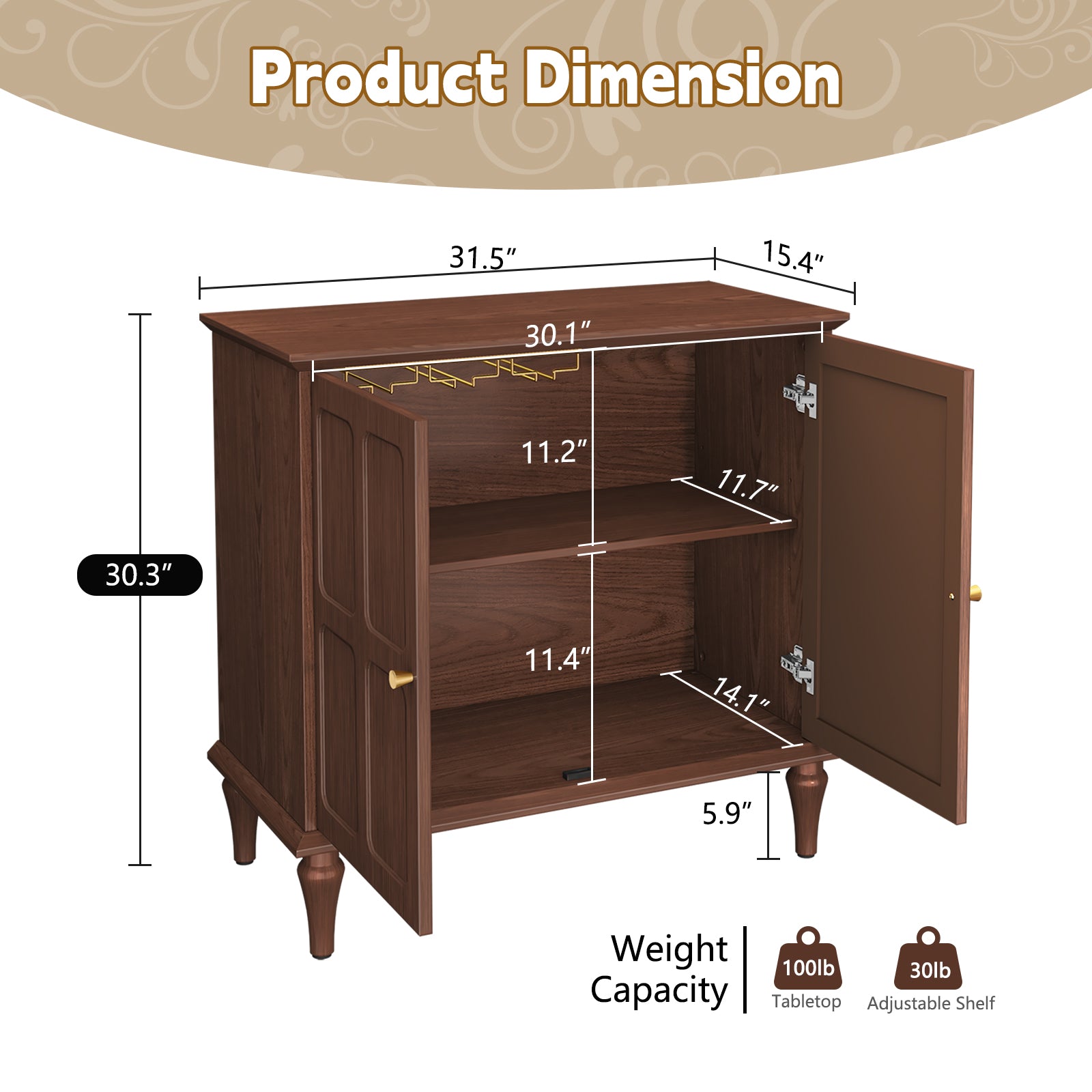 CBJCBJ 31.4"Mid Century Modern Sideboard Buffet Cabinet , Storage Cabinet with Adjustable Shelves, Accent Cabinet for Entryway, Dining Room, Brown