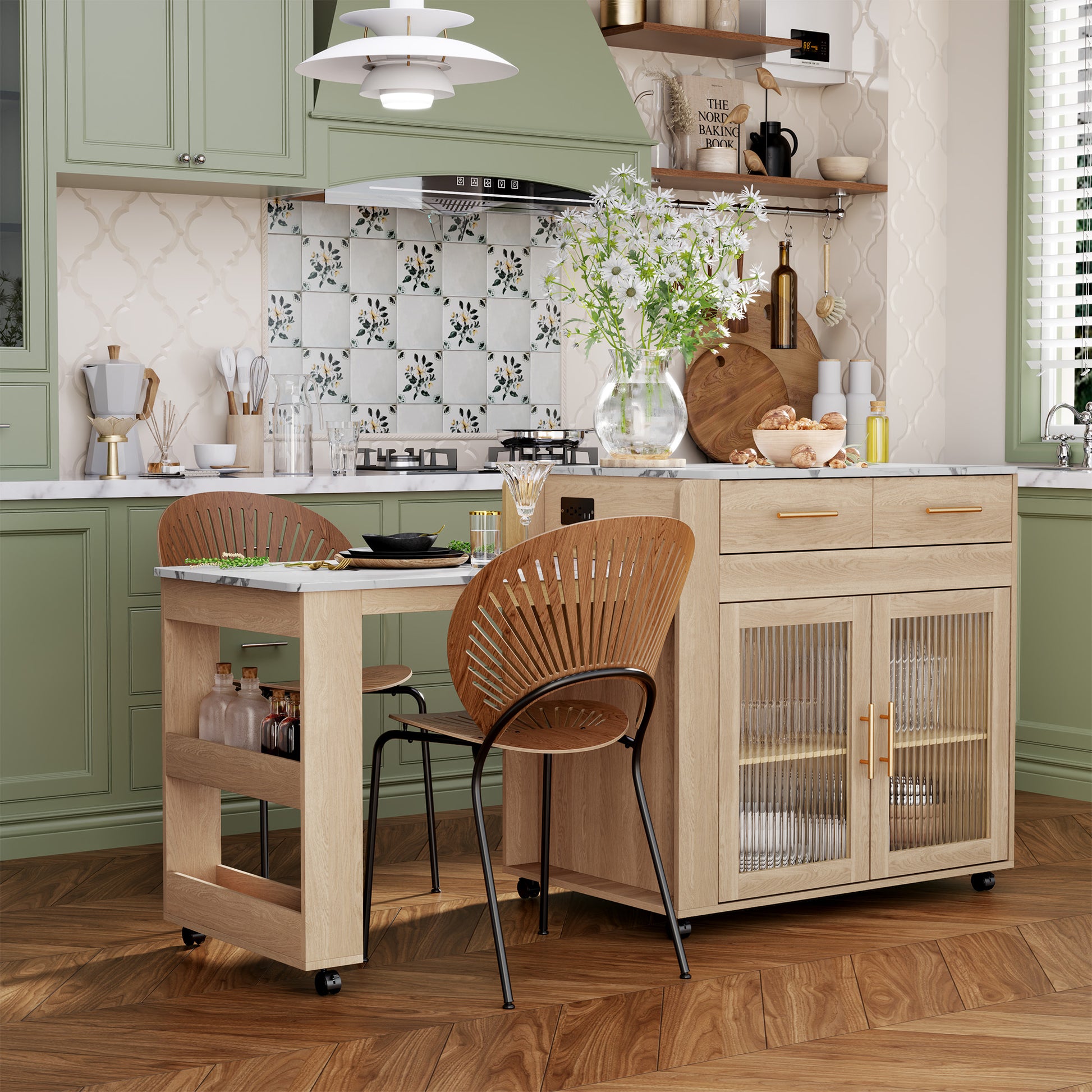 CBJCBJ Kitchen Island with Storage | Expandable Retractable on Wheels 71.65" L | Space-Saving of Island Cart, Beige