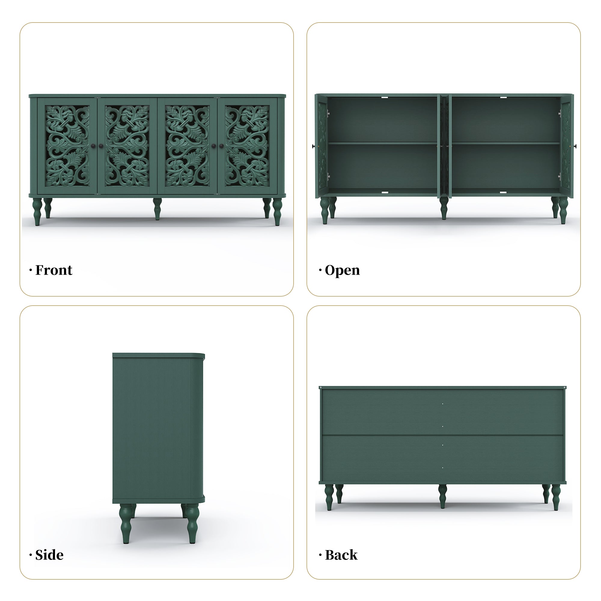 CBJCBJ 63" Retro Arc Carved Sideboard Buffet Cabinet, Wooden Credenza Storage for Dining Room, Green