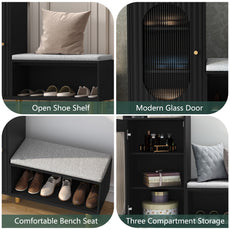 CBJCBJ Modern Storage Bench with Glass Door & Shelf - L-Shaped Entryway Cabinet, Padded Seat for Hallway/Bedroom/Office