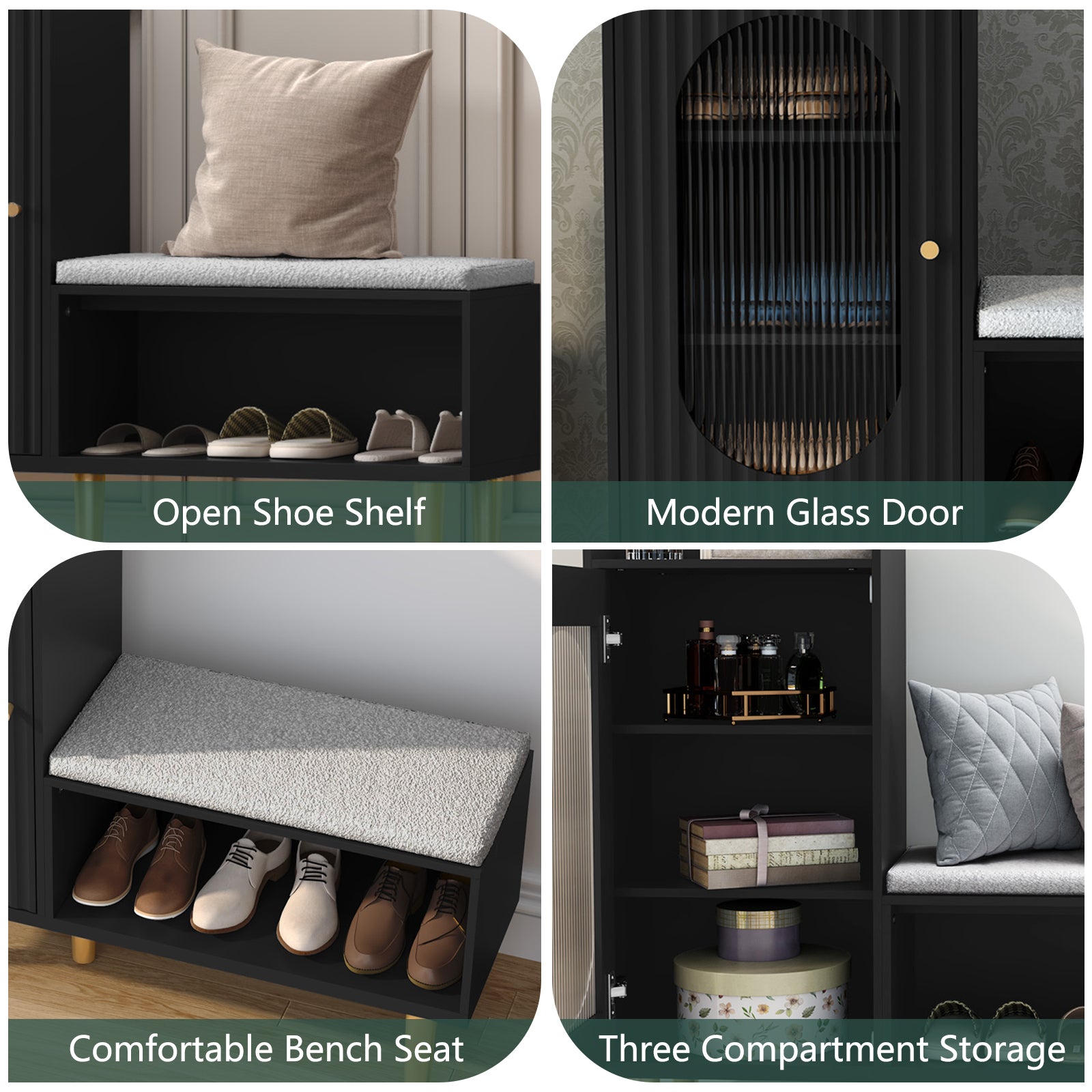 CBJCBJ Modern Storage Bench with Glass Door & Shelf - L-Shaped Entryway Cabinet, Padded Seat for Hallway/Bedroom/Office