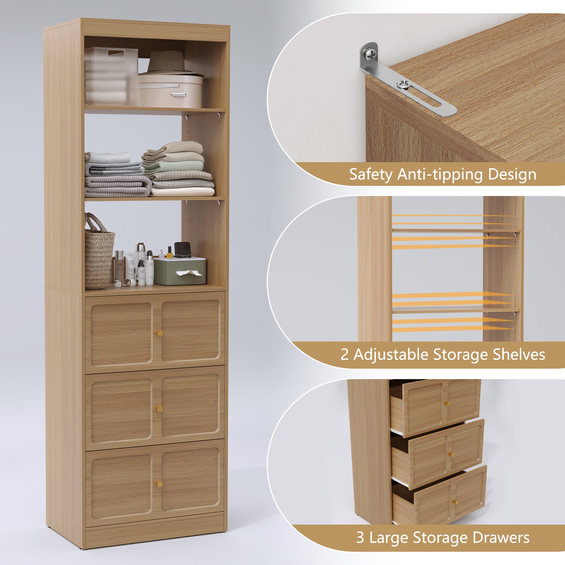 CBJCBJ 80"H Wood Closet Organizer System with 3 Drawers, 4 Hanging Rods, Wardrobe Clothes Rack for Bedroom,Wood