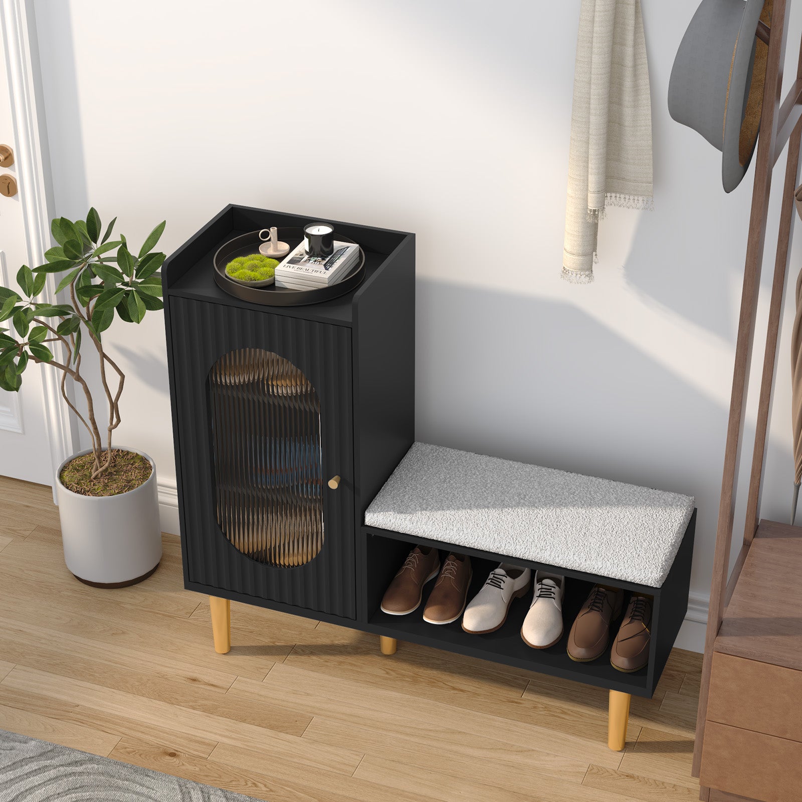 CBJCBJ Modern Storage Bench with Glass Door & Shelf - L-Shaped Entryway Cabinet, Padded Seat for Hallway/Bedroom/Office