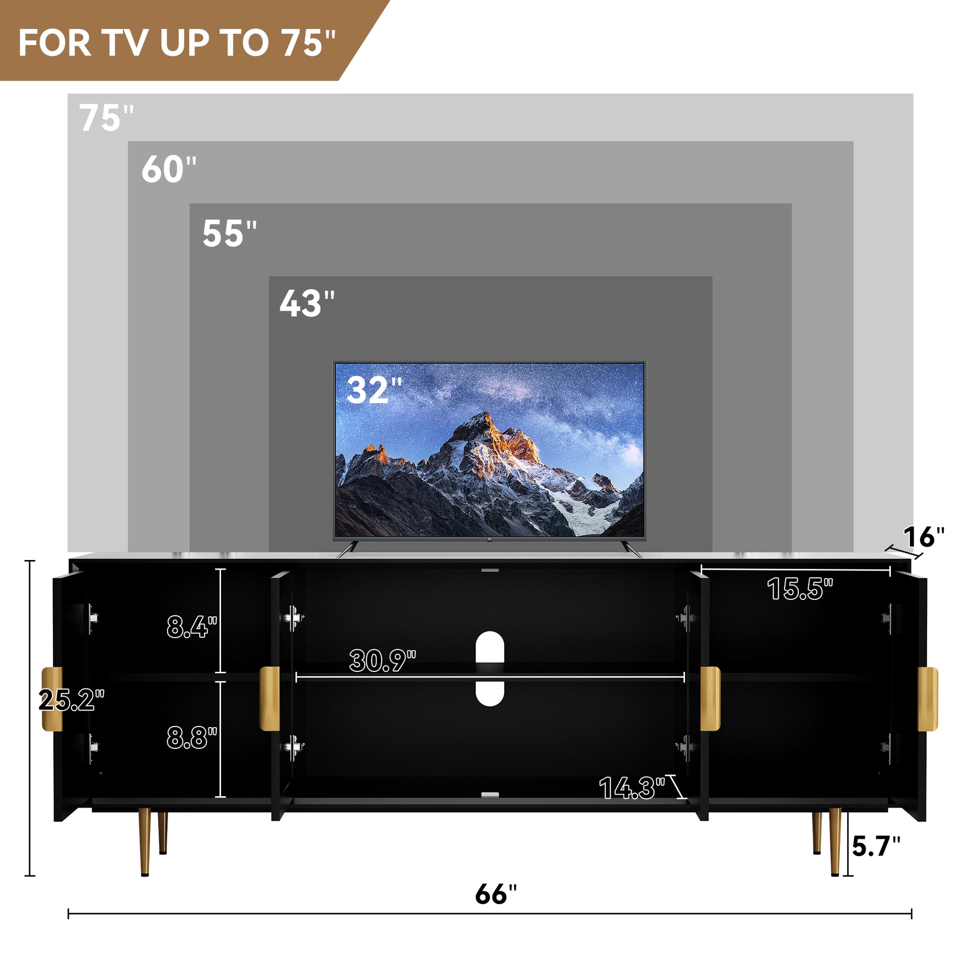 CBJCBJ 66" TV up to 75" Stand for Living Room, Entertainment Center with Glass Storage Cabinet,Black