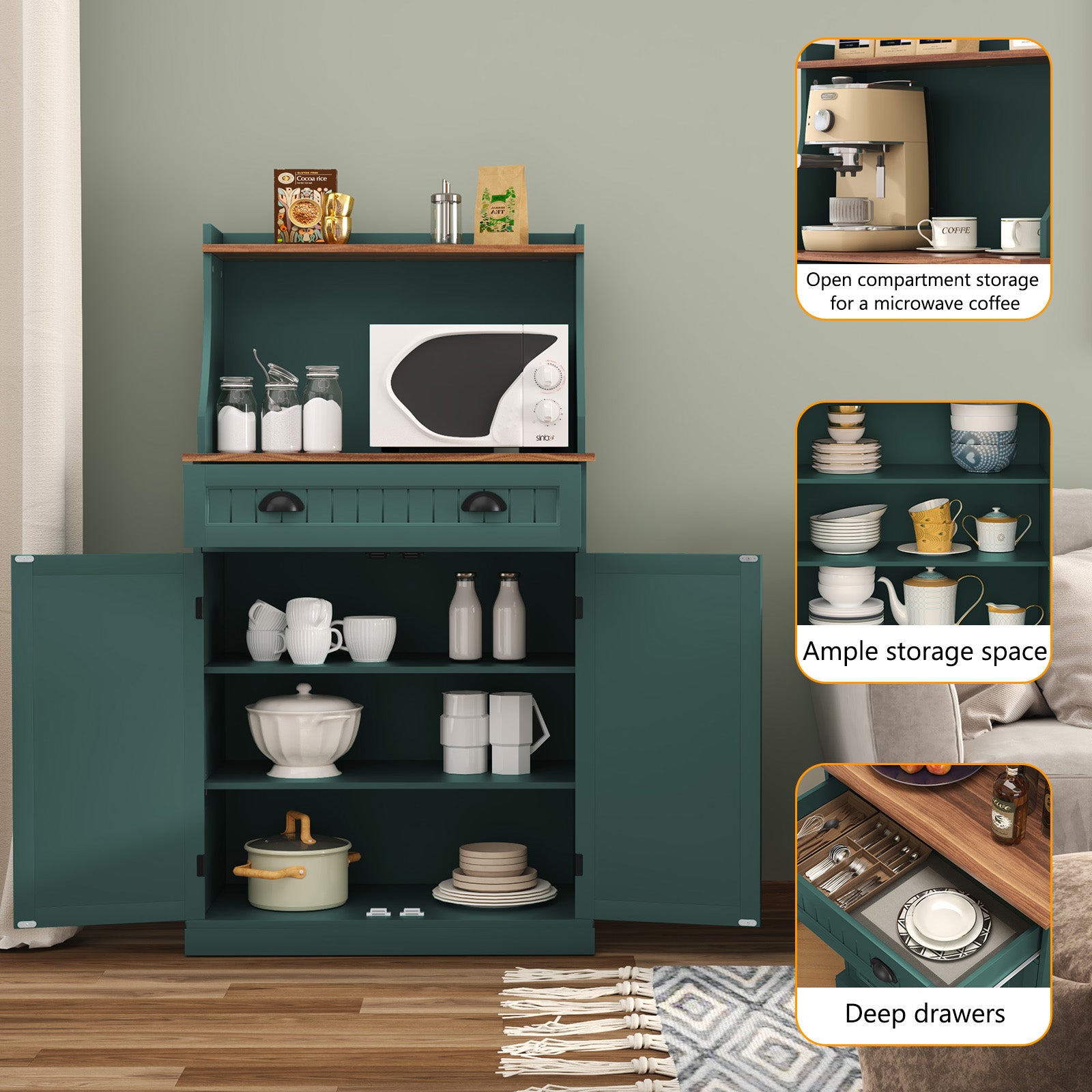 HLR Farmhouse Kitchen Pantry Cabinet with Microwave Stand, 54" Coffee Bar Storage Cabinet, Green