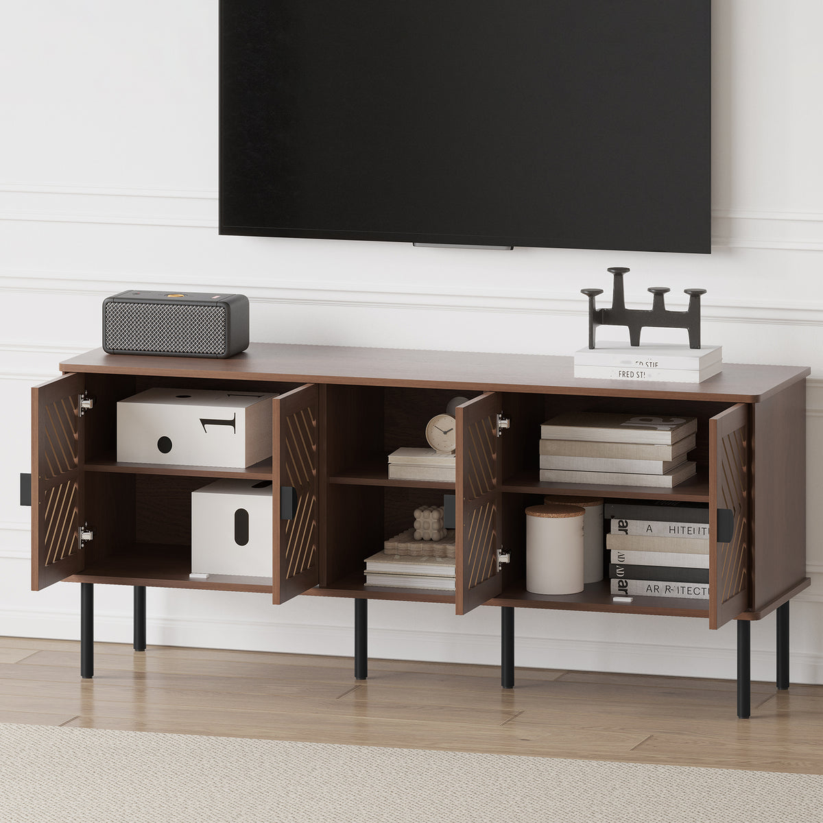 HLR Mid Century Modern 55" TV Stand for 65 Inch TV, Entertainment Center with Storage, Brown
