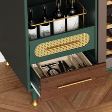 HLR Modern Coffee Bar Cabinet with Mini Fridge Space and Rattan Drawer for Dining Room, Green