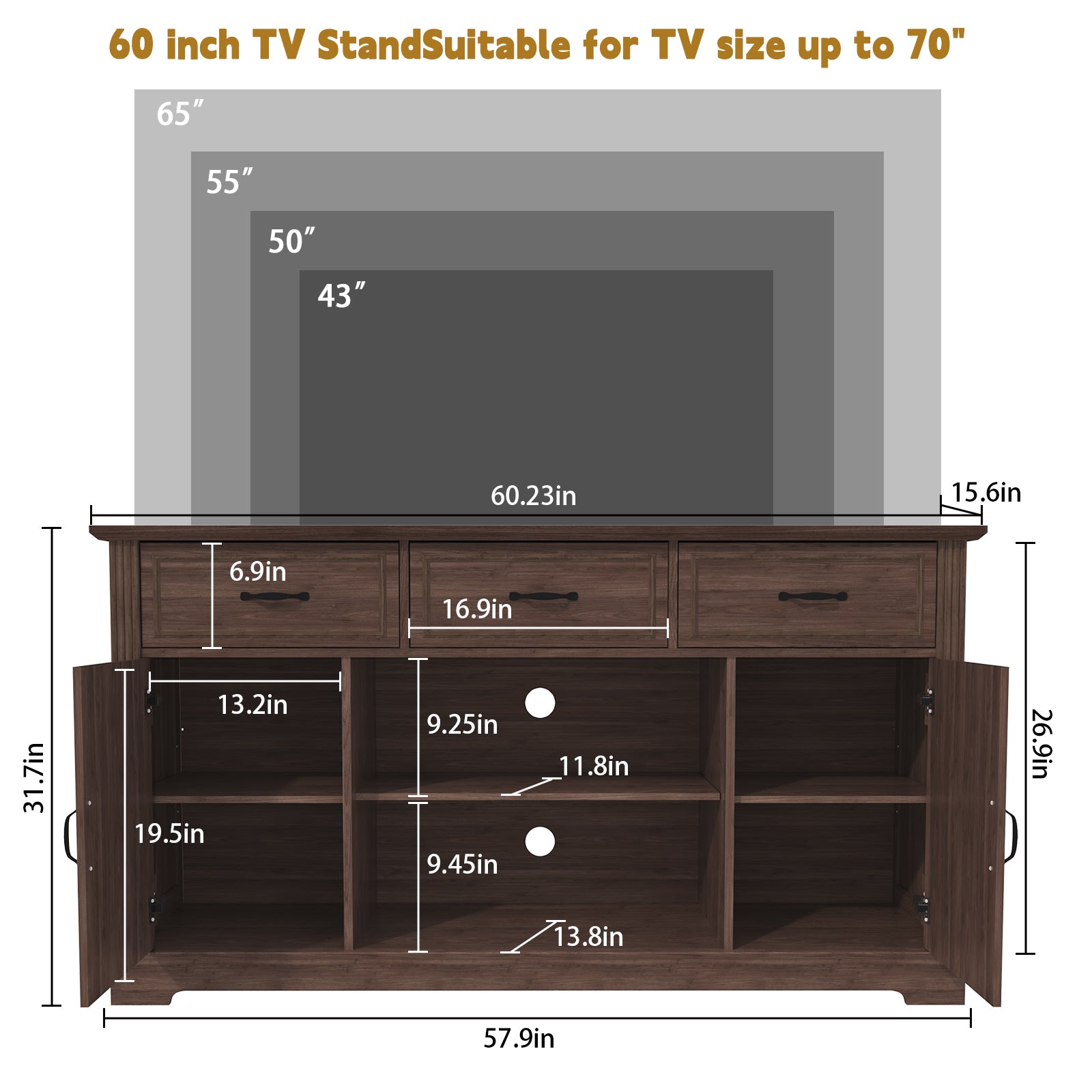 HLR Mid Century 60" TV Stand for TV up to 65", Entertainment Center with Drawers Storage for Living Room, Brown