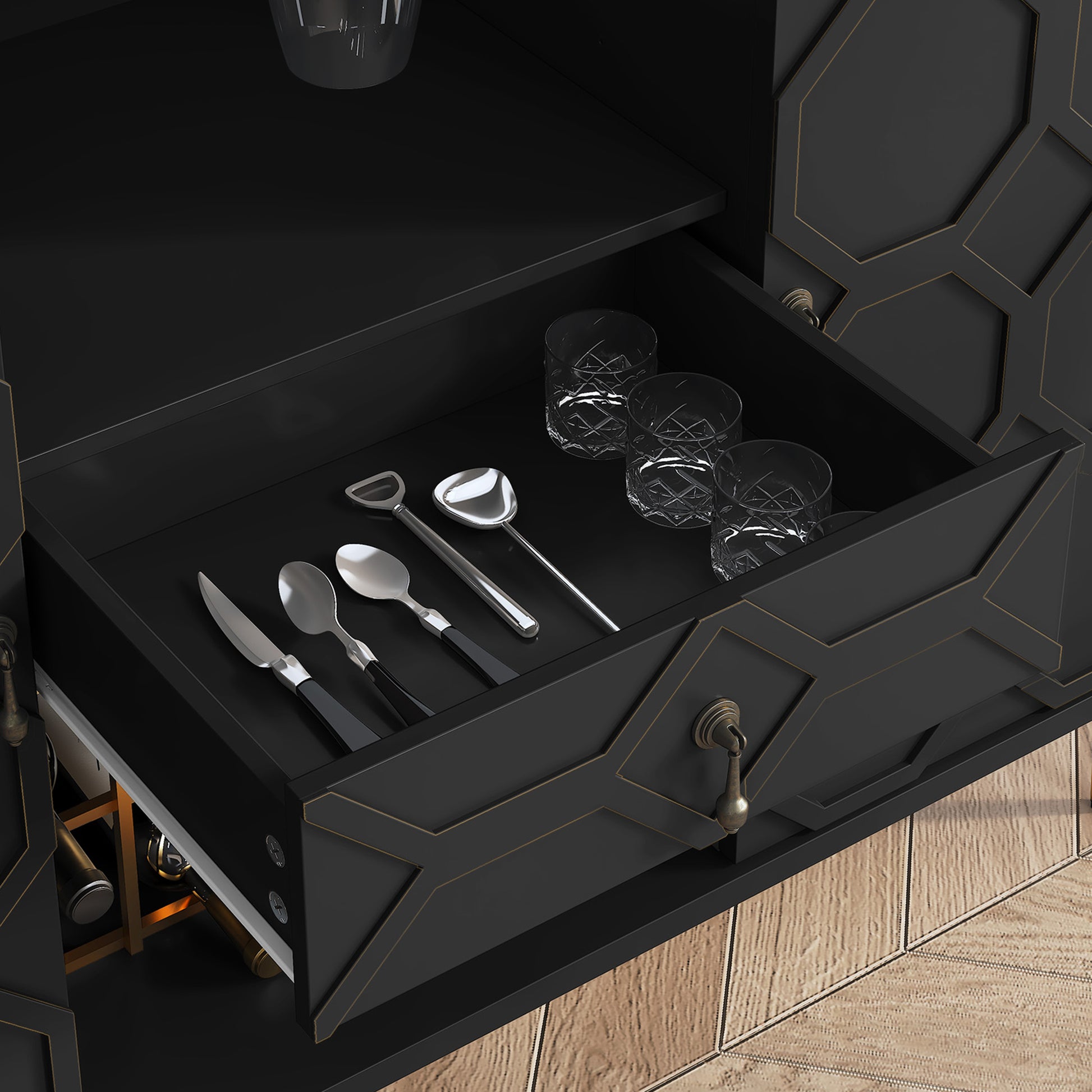 HLR Modern 47.2" Wine Bar Cabinet with Drawer, Geometric Door Buffet Sideboard Coffee Bar for Kitchen