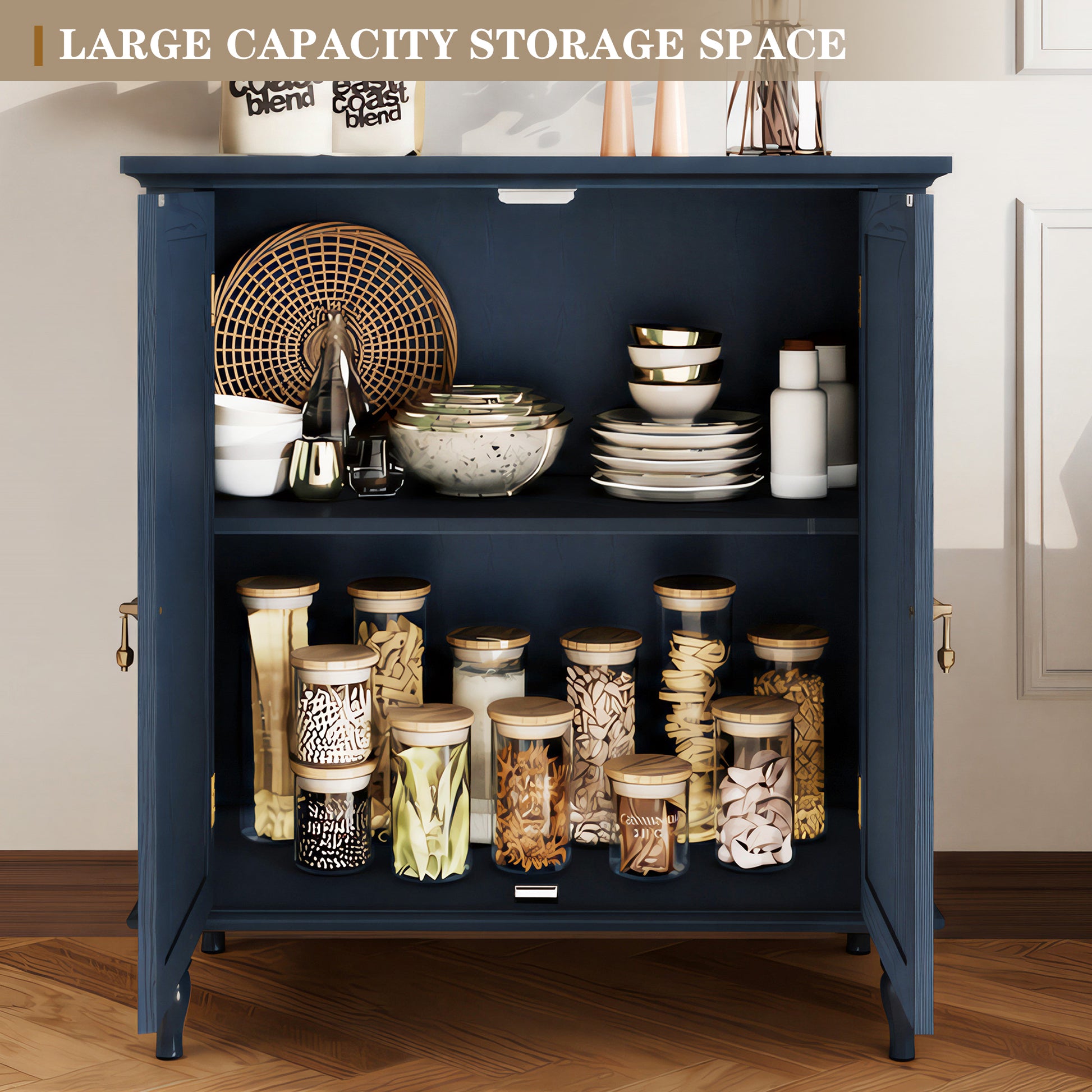 HLR 31.5'' Large Sideboard Buffet Cabinet with Storage, 2 Doors Modern Credenza Table for Living Room, Navy Blue