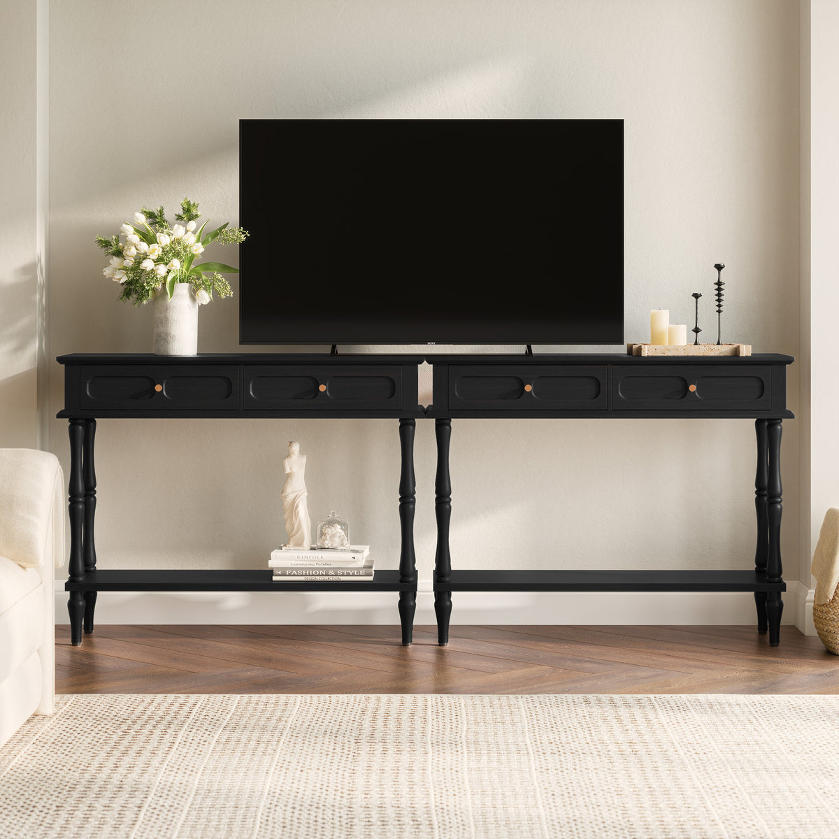 HLR 41" Mid Century Console Tables, Entryway Tables with 2 Drawers, 10 Mins Assembly, Black