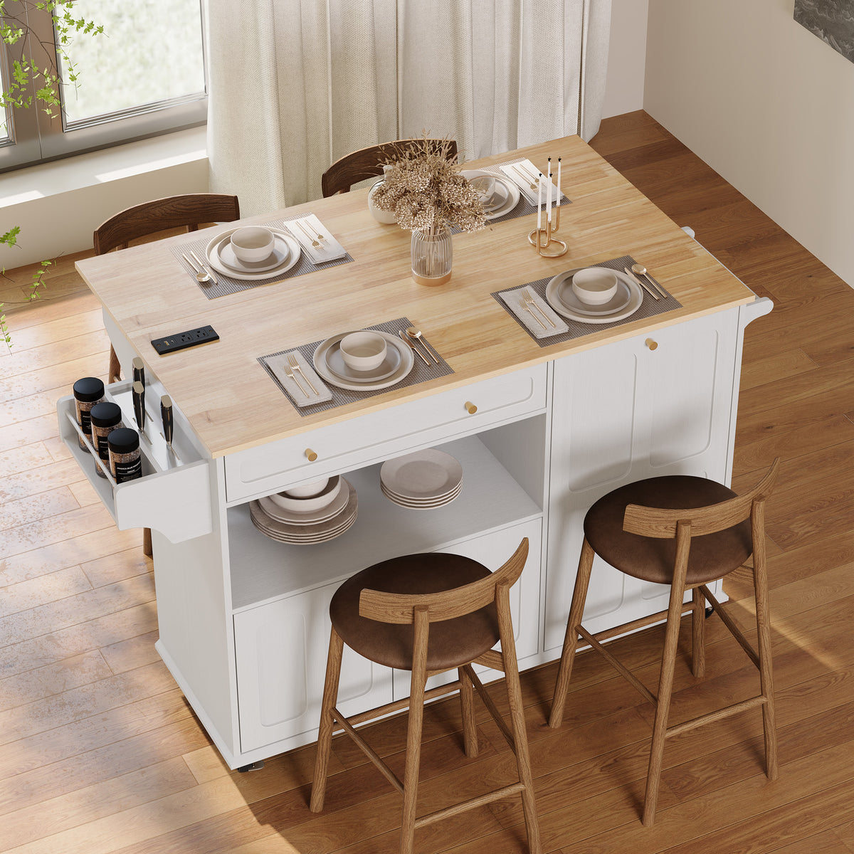HLR Mid-Century 60" Kitchen Island with Trash Can Storage, Rolling Island Table, White