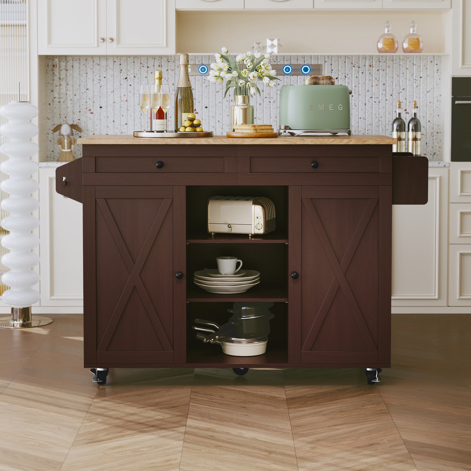CBJCBJ 51.7" Rolling Kitchen Island Foldable, Adjustable Shelf & 2 Storage Doors - Mobile Kitchen Cart, Breakfast Bar with Storage (Brown)
