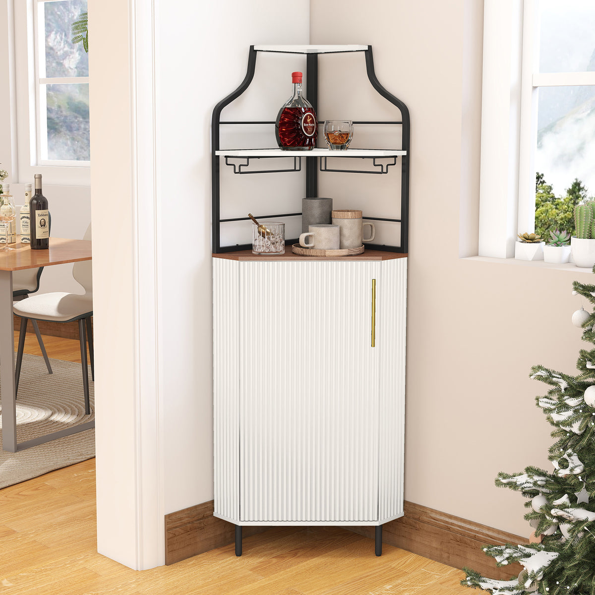 HLR Corner Coffee Bar Cabinet with LED Strip, 4-Tiers Modern Tall Liquor Cabinet with Wine Rack for Dining Room, White