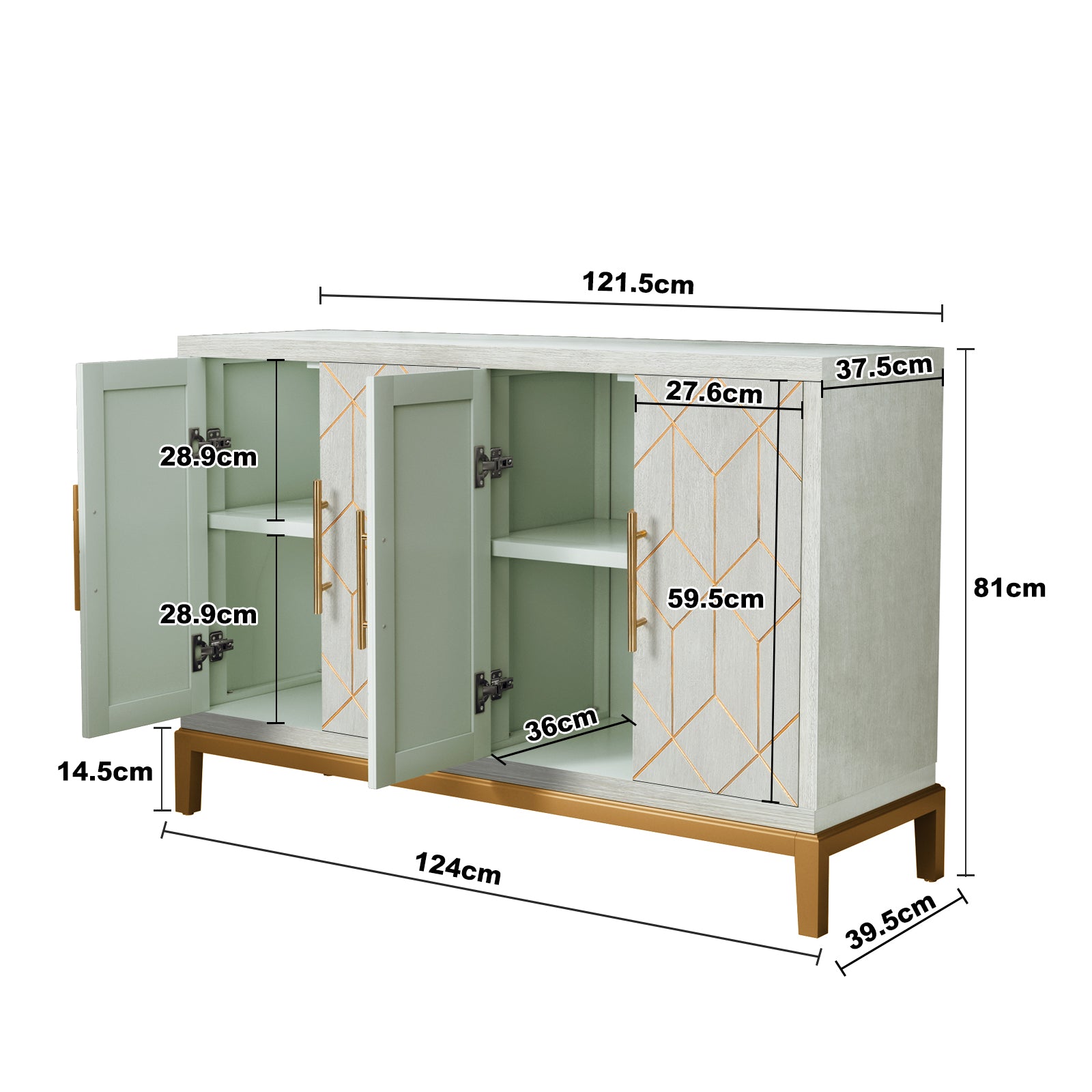 HLR 48" Modern Wood Credenzas & Sideboards with Gold Trim, Storage Cabinet with 4 Doors, Green