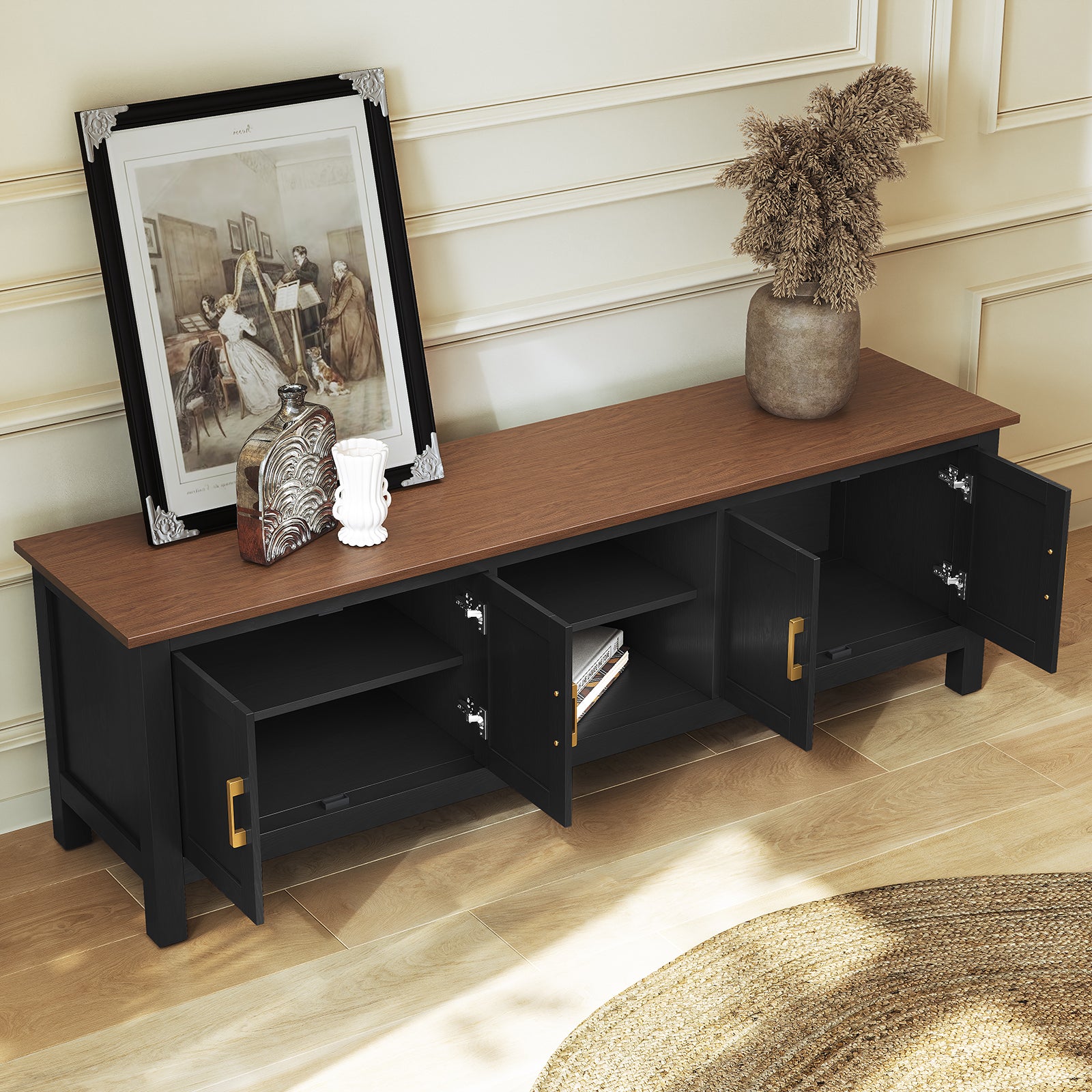 HLR® Farmhouse 63" TV Stand, for TVs up to 70", Living Room Wooden Entertainment Center with Storage